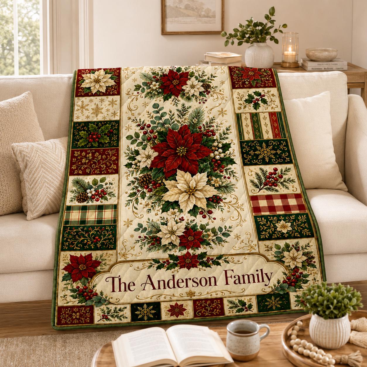 Personalized Family Name Christmas Quilt Blanket, Custom Poinsettia Holiday Throw, Floral Farmhouse Christmas Decor Quilt