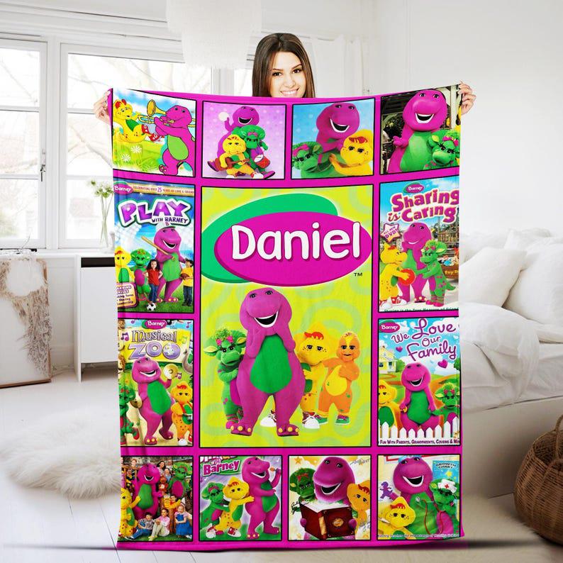 Personalized Barney and Friends Blanket, Custom Name the Dinosaur Blanket, Birthday Gift