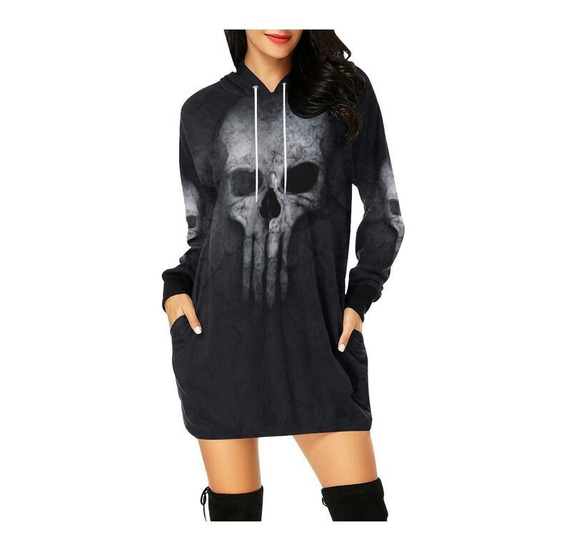 Gothic Skull Halloween Hoodie Dress Long Sleeve, Halloween Cosplay Costume, Gift For Women