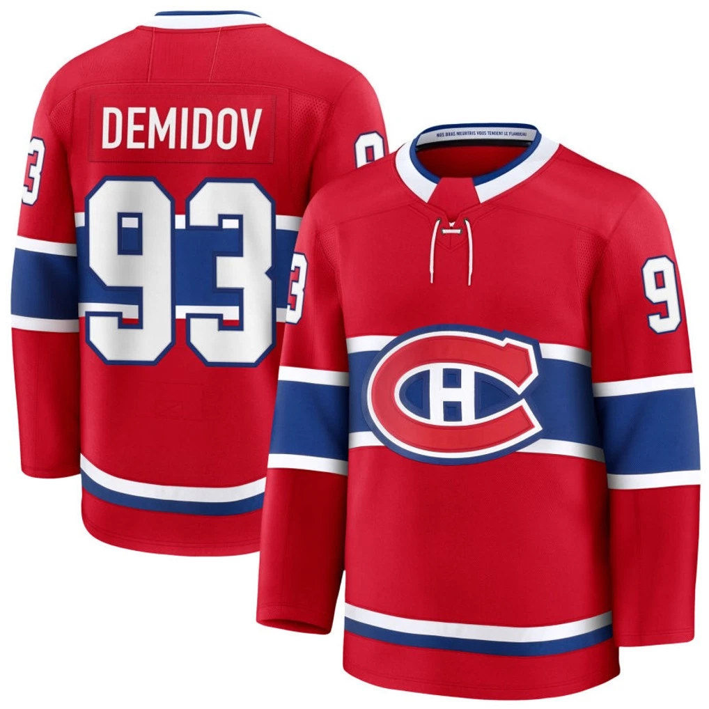 Custom Men's #93 Demidov Red 2025 Premium Hockey Jersey
