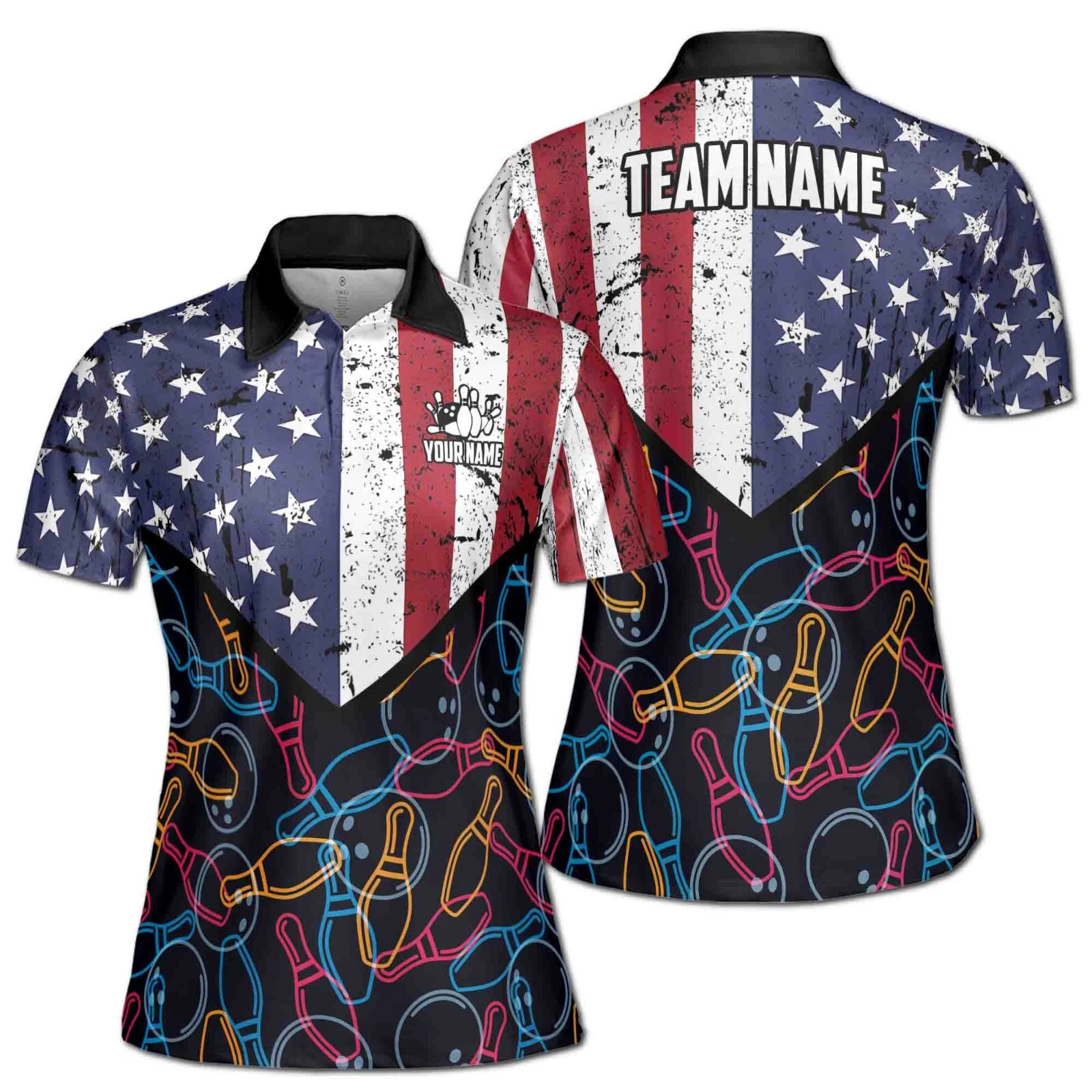 Women's Personalized Bowling & American Flag Polo Shirt