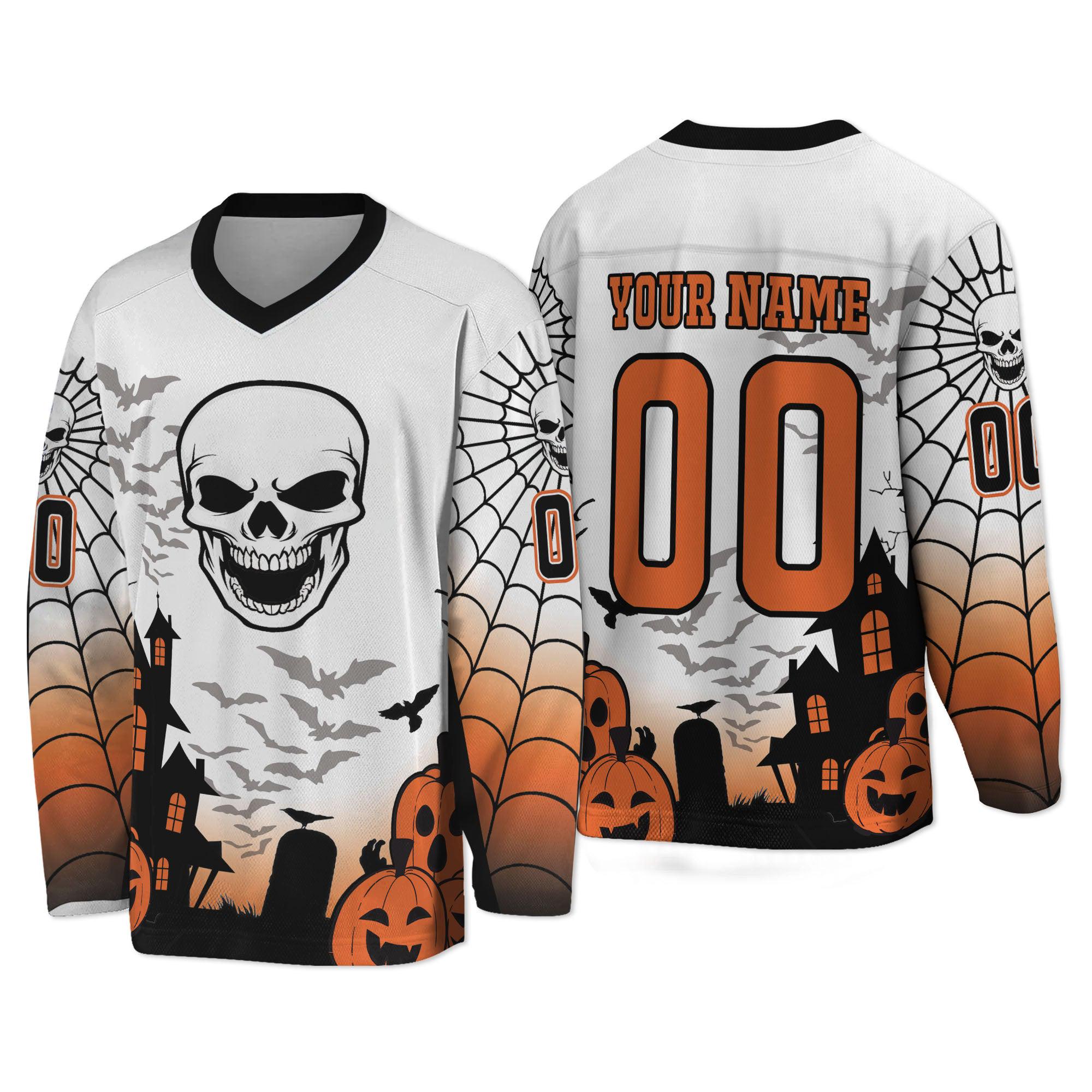 Custom Halloween Hockey Team Pumpkin Skull White Cosplay I3, Stripe Line Color Jersey For Fans , Jersey Custom Name Team