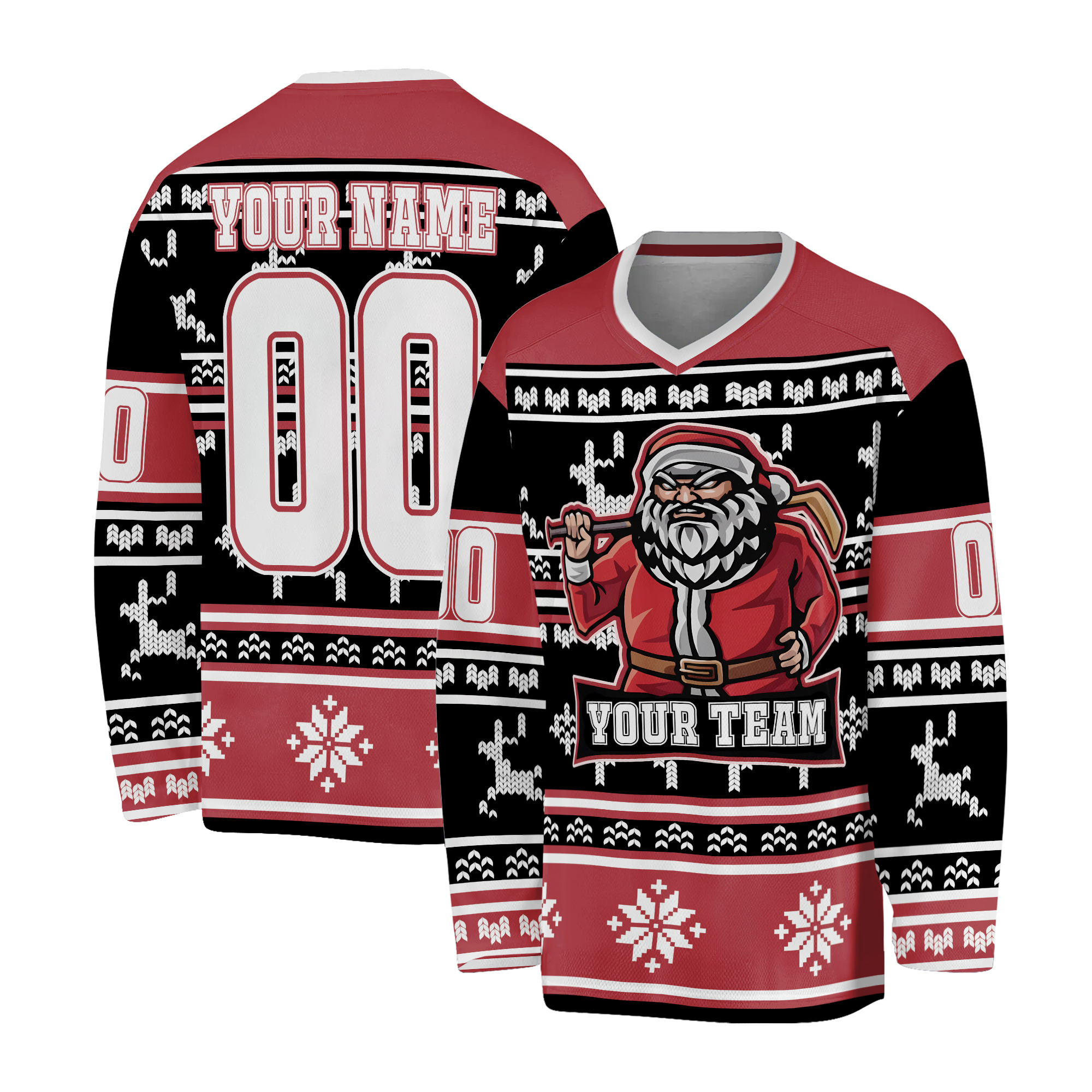 Custom Christmas Team Ugly Pattern Red and Black Hockey Jersey , Custom Number Hockey Xmas, Hockey Sports Chrismas, Team Uniform