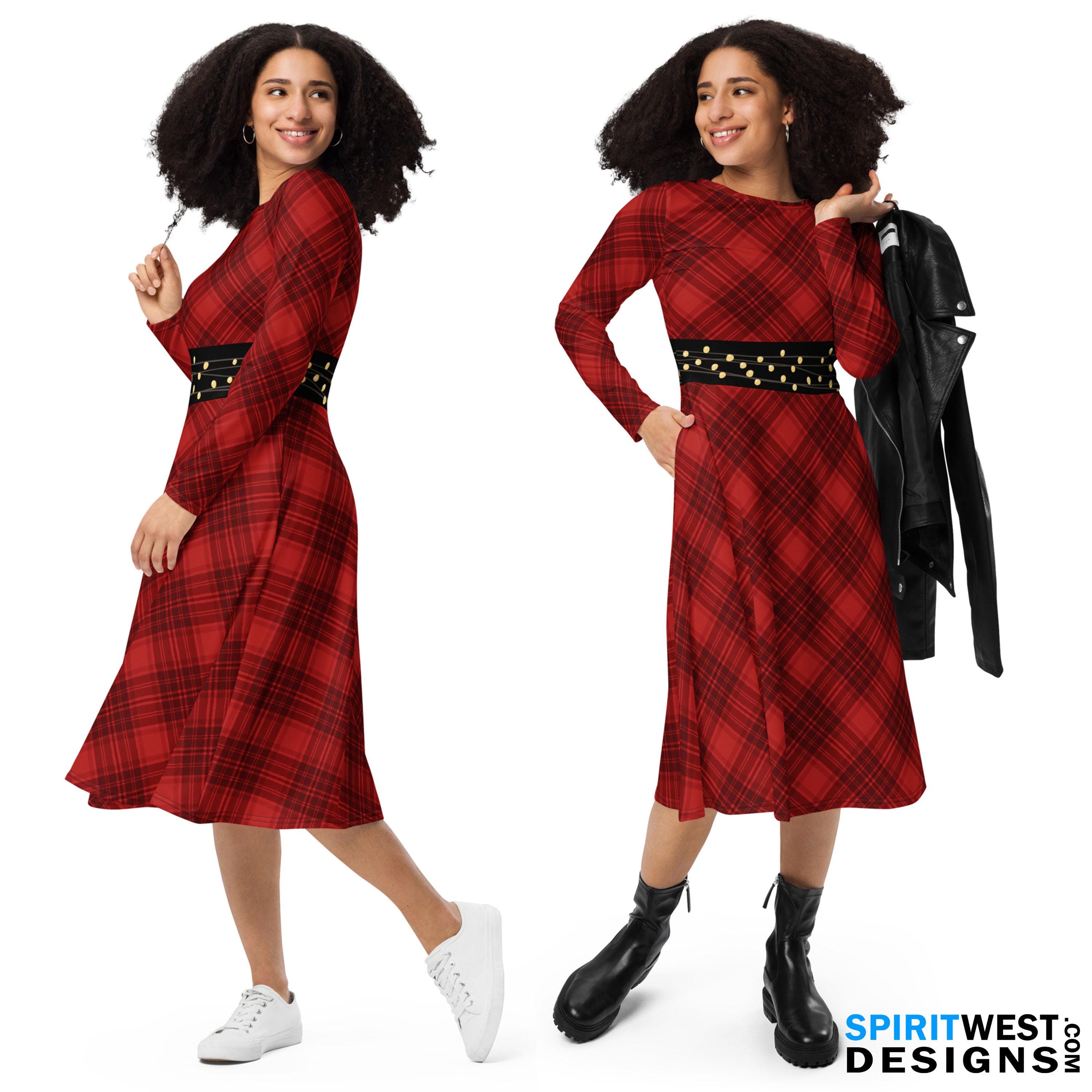 Holiday Party Dress Red Buffalo Plaid String Lights Christmas Long Sleeve Dance Secret Santas Helper Costume Gift