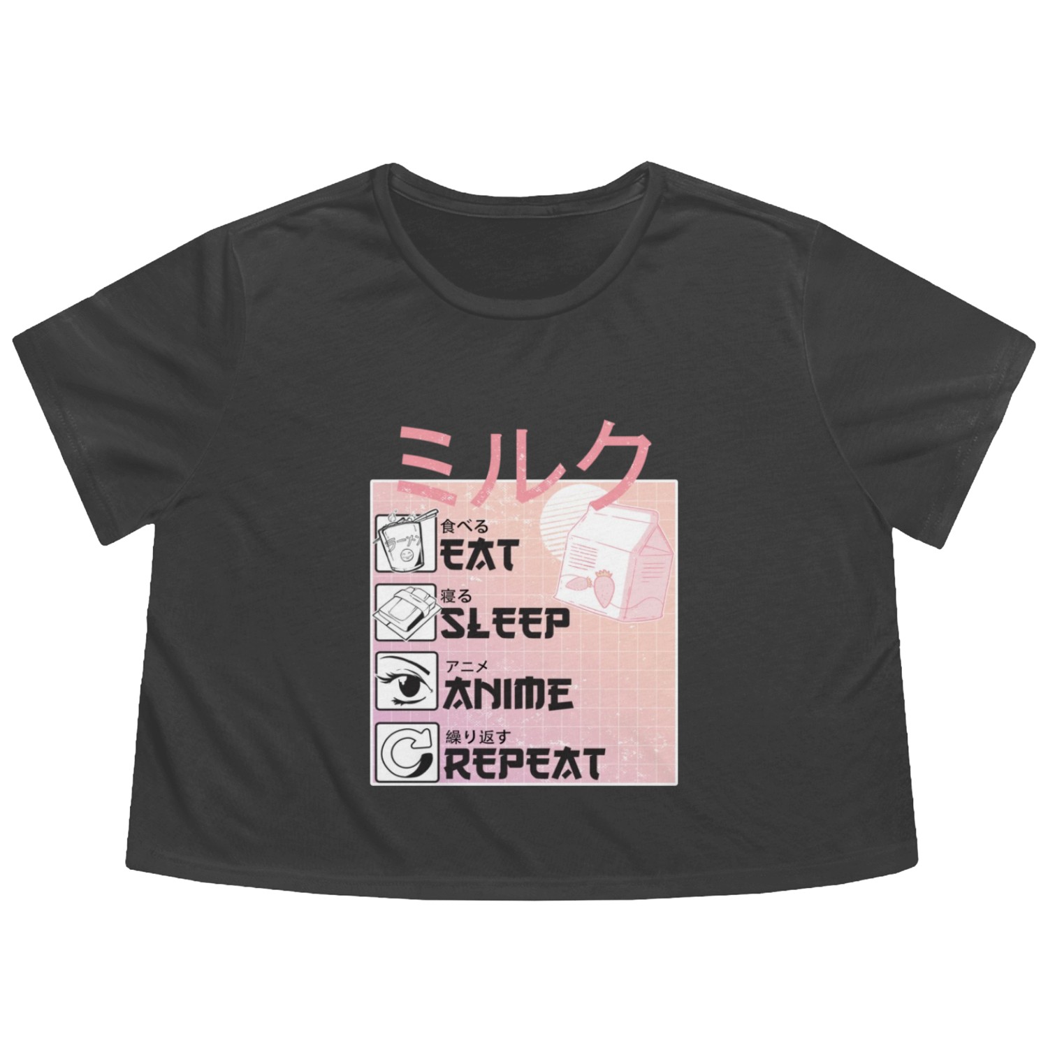 Eat Sleep Anime Repeat Straweberry Milk Japanese Flowy Cropped Tees