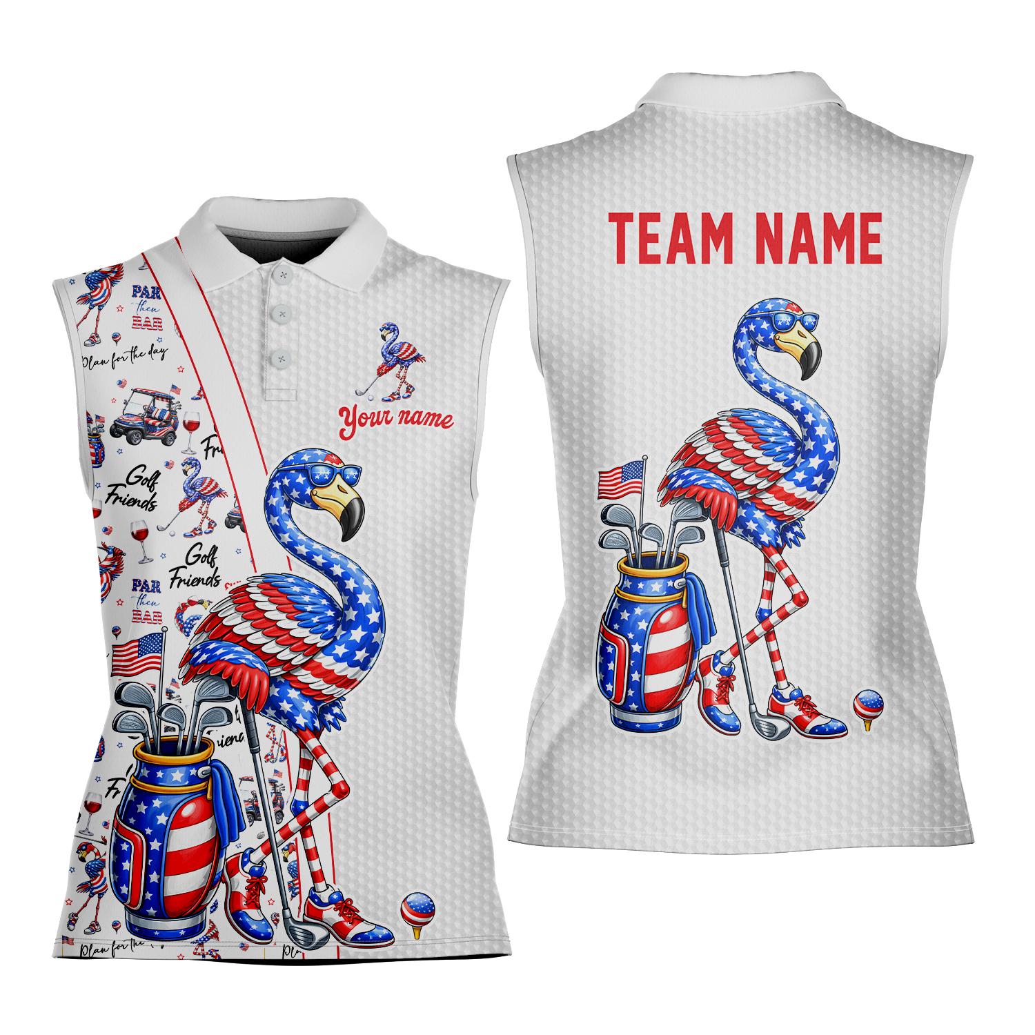 Custom Name 4th of July Golf Shirt for Women Men, USA Flamingo Golf Polo Sleeveless & Short Sleeve Golf Top, Independence Day Outfit