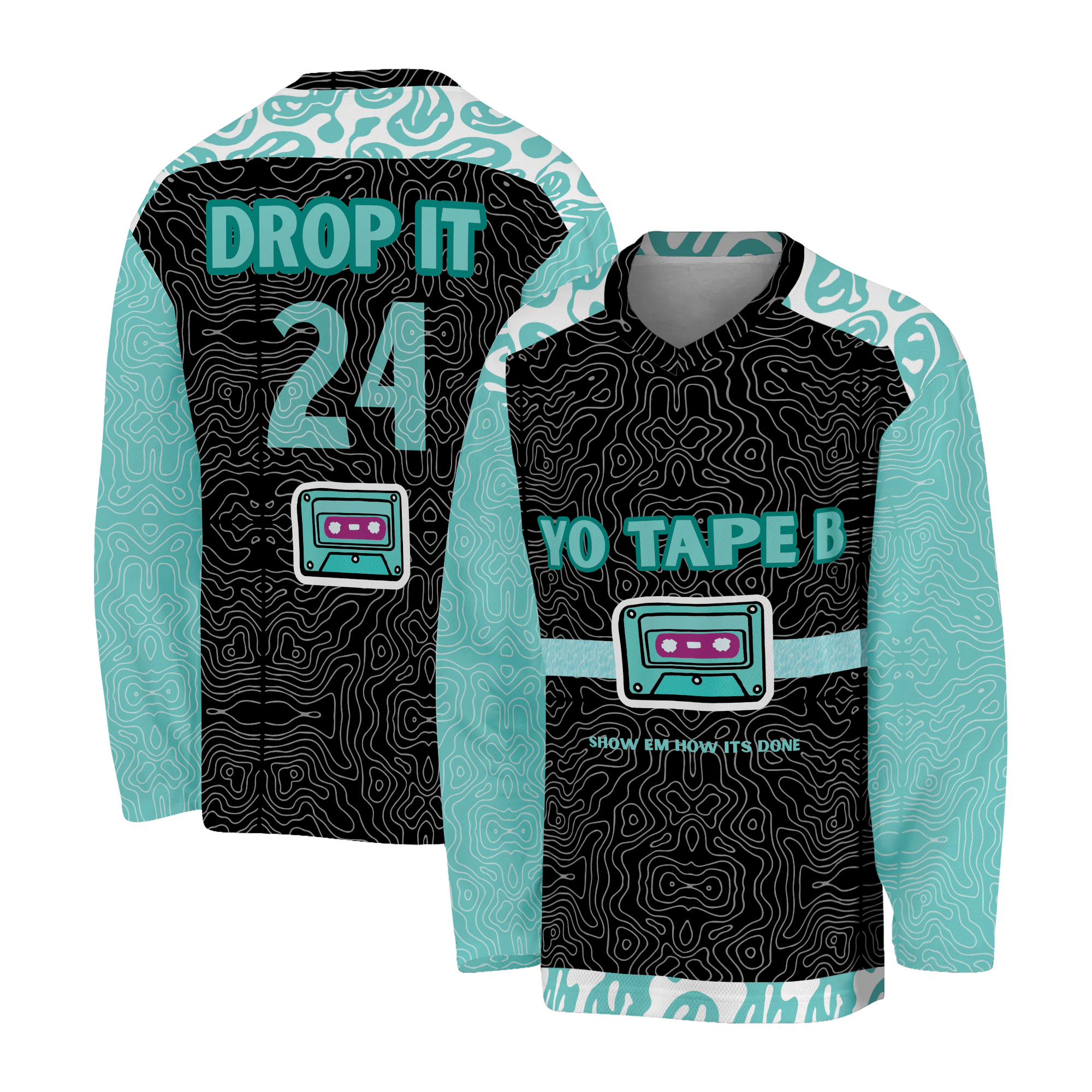Yo Tape B Trippy EDM Hockey Jersey | Black Carolina Blue
