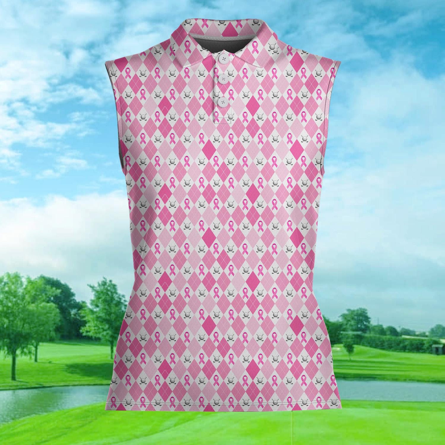 Women's Sleeveless Pink Ribbon Polo Shirt, Breast Cancer Awareness Breast Cancer Support Outfit