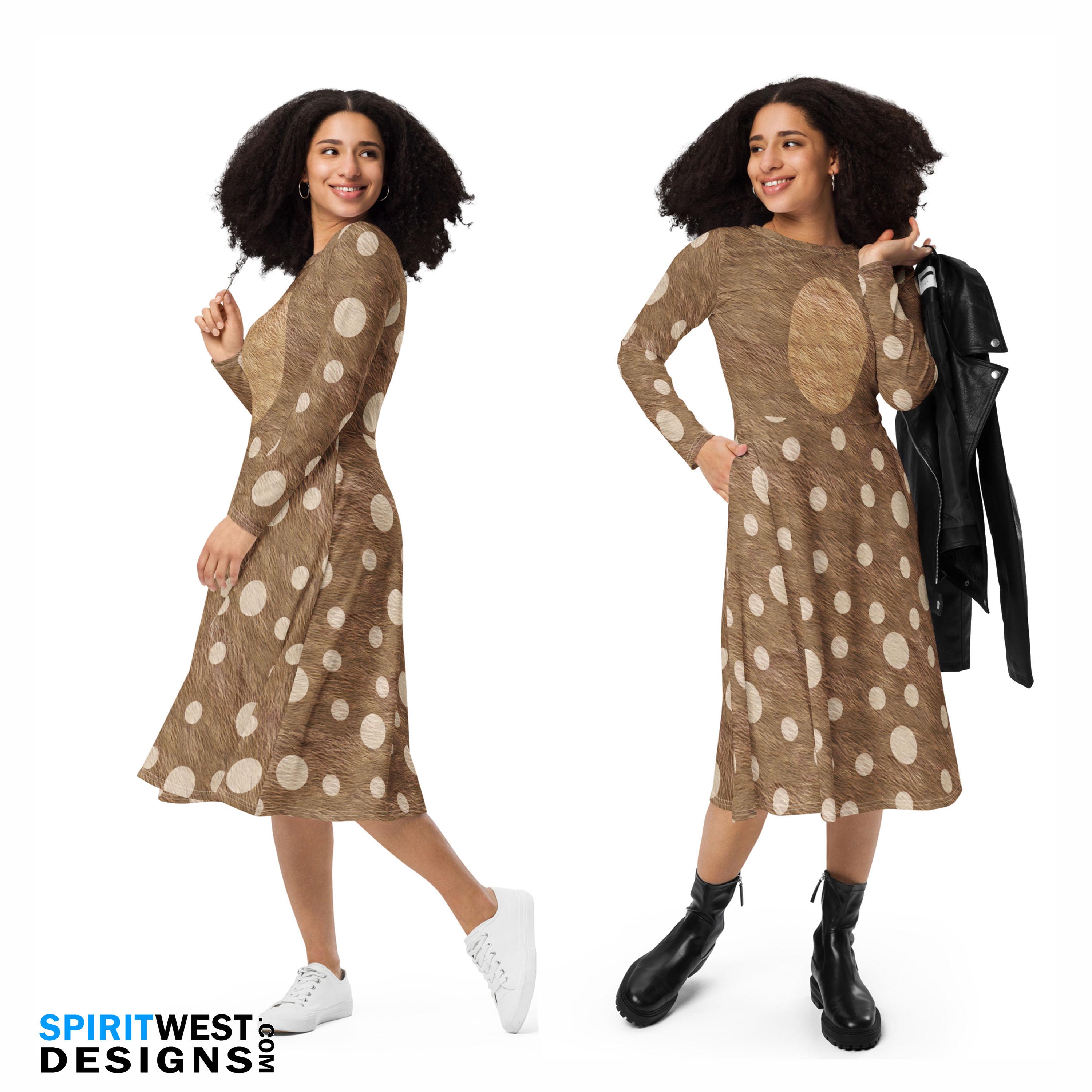 Reindeer Dress Rudolph Christmas Party Fur Print Costume Long Sleeve Dance Party Spotted Cosplay Bounding Dress Up Gift