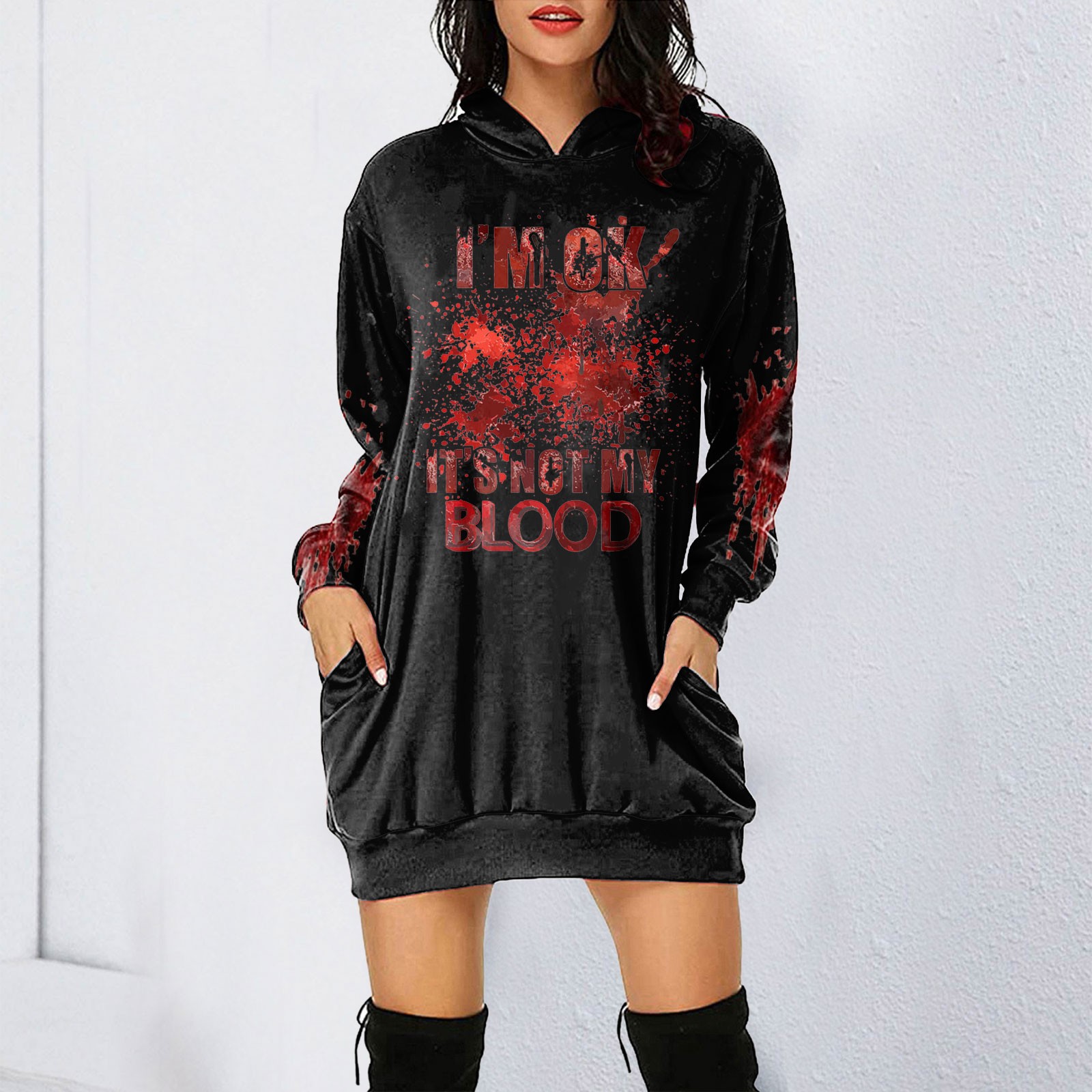 Halloween Bloody Print Hoodie Dress Long Sleeve, Halloween Cosplay Costume, Gift For Women