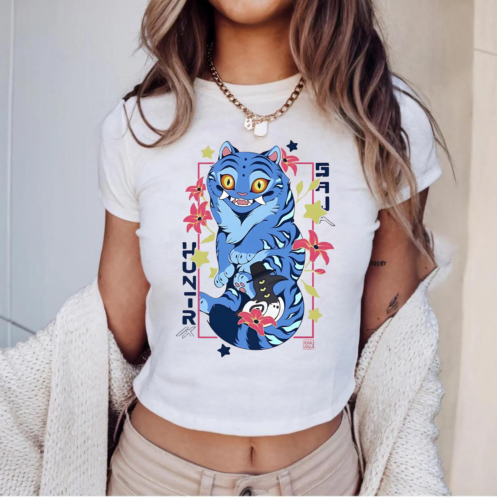 Hunter Tiger Croptop Shirt, Kpop Demon Anime Tee, Otaku Girl Streetwear, Cool Hunter Gift, Y2K Cropped Graphic Top for Anime Fans T-Shirt