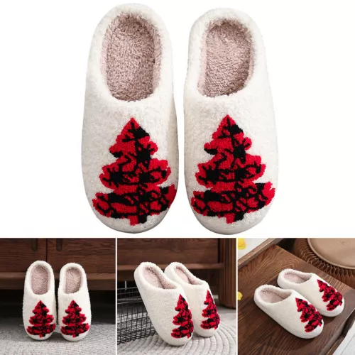 C# Women Men Breathable Bedroom Slippers Non-Slip Christmas Tree Cotton Slippers
