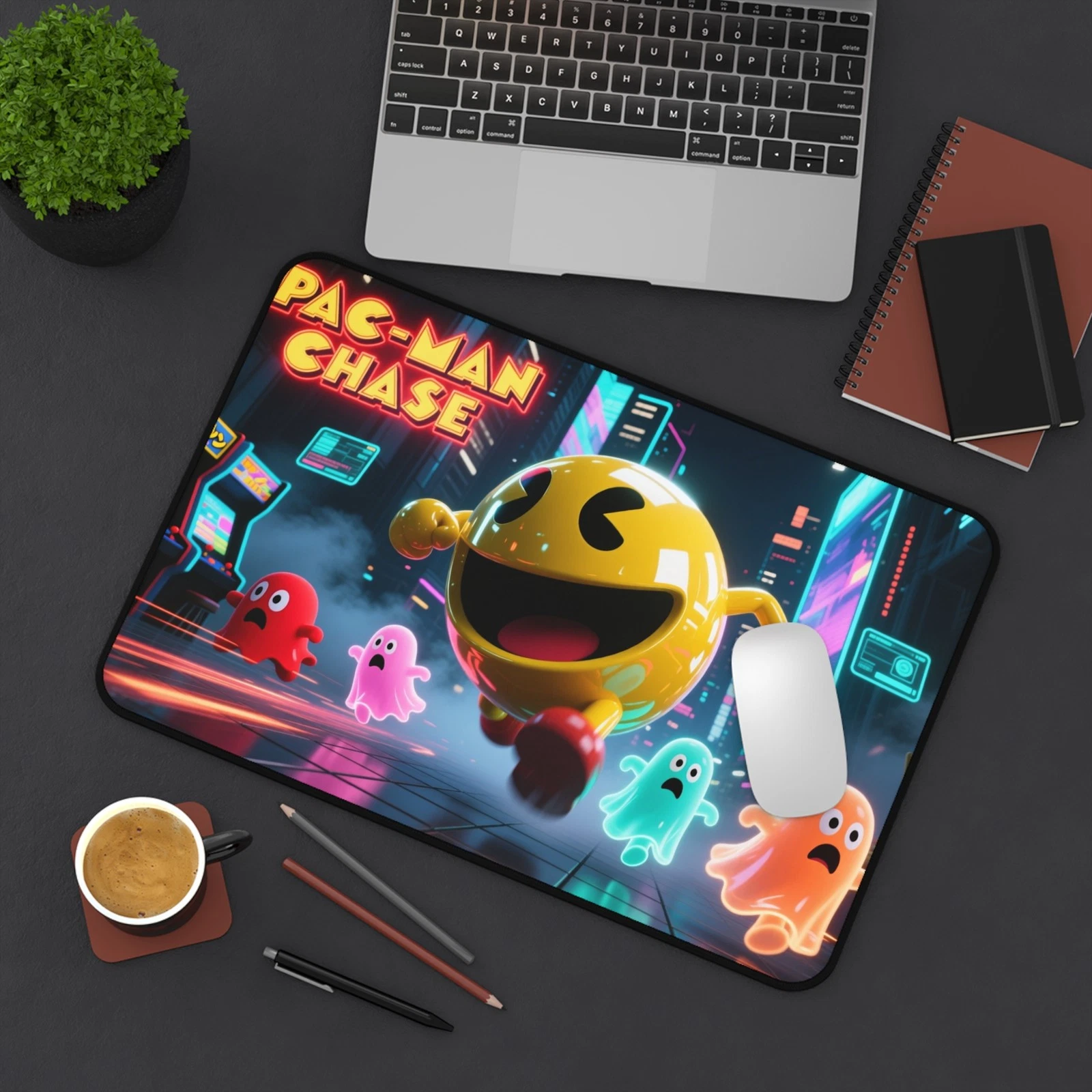 Pac-Man Desk Mat, Vibrant Gaming Mouse Pad with Non-Slip Base & Durable Edges