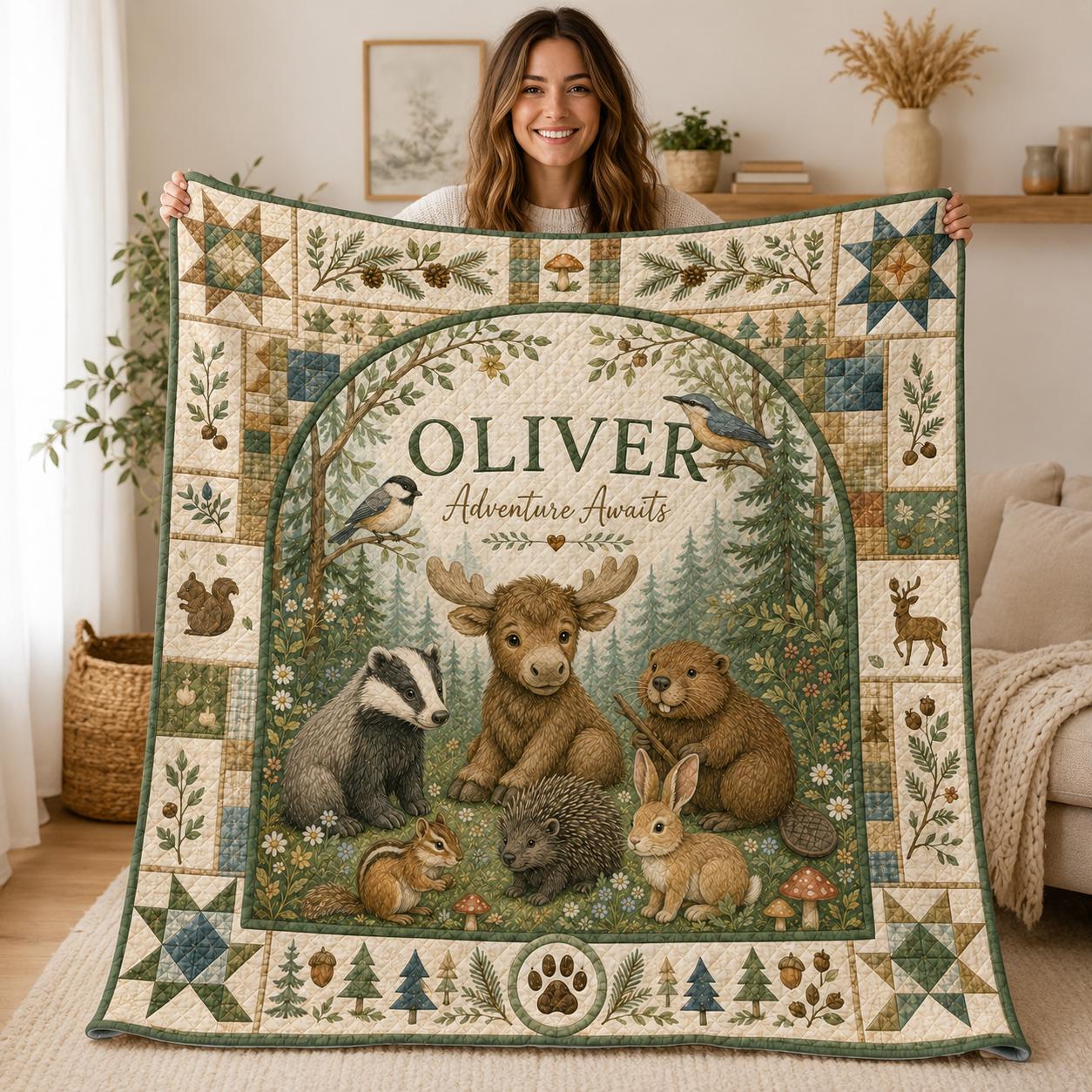 Personalized Woodland Animals Quilt Blanket, Custom Name Forest Nursery, Moose Beaver Bunny Baby Gift