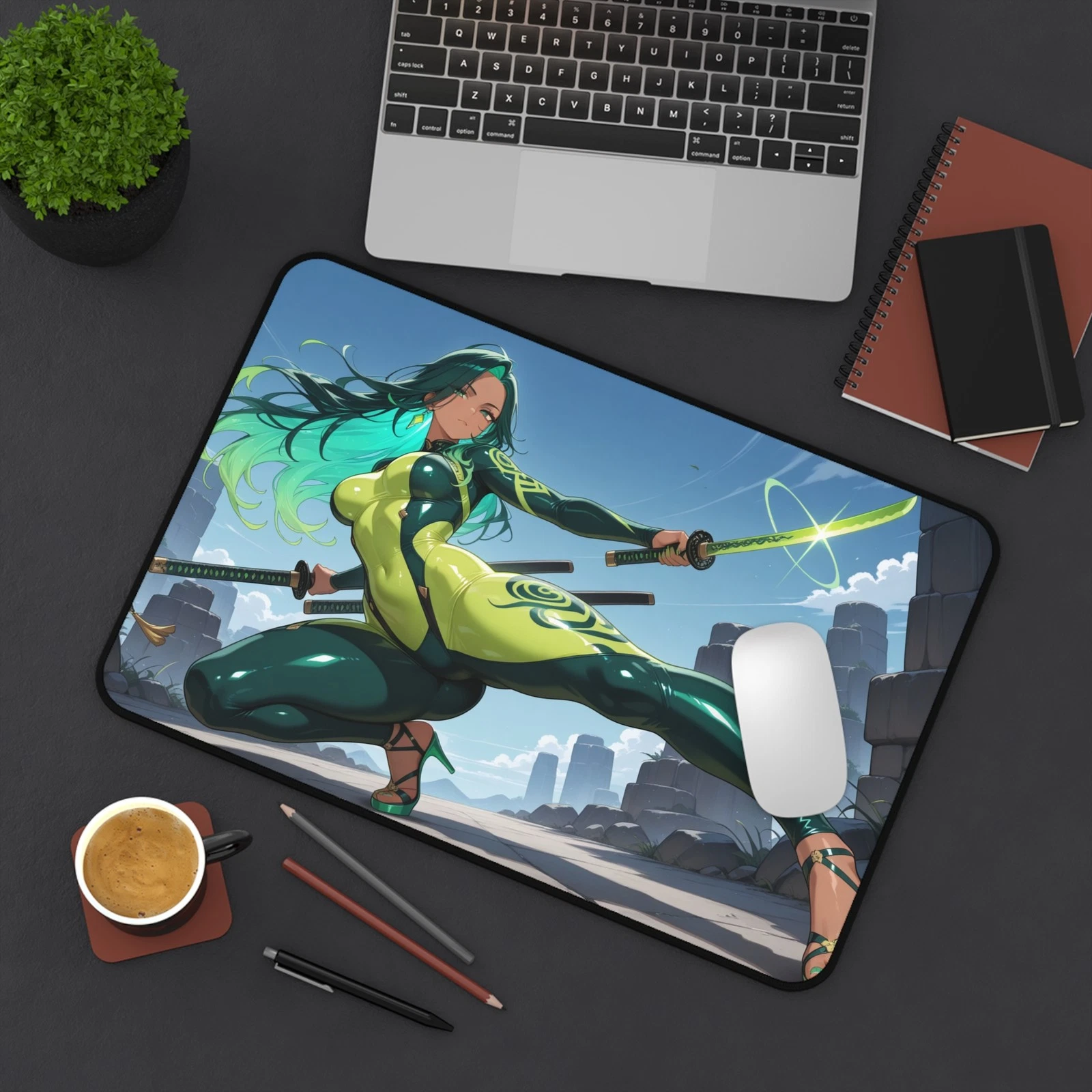 Anime Waifu Warrior Desk Mat, Gaming Mouse Pad with Non-Slip Neoprene Base