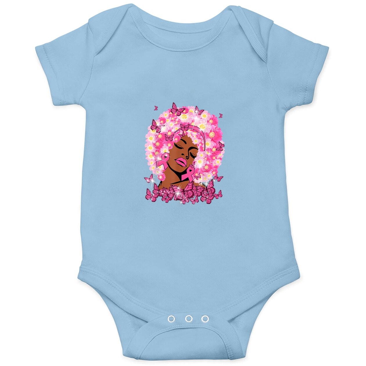 Breast Cancer Awareness Pink Ribbon Black Floral Hair Baby Bodysuit