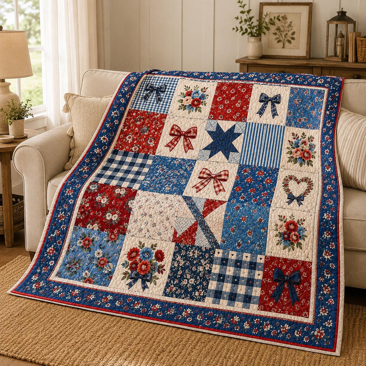 Patriotic Patchwork Quilt, Floral Farmhouse, Vintage Cottage Sofa Cover, Handmade Style Home Decor