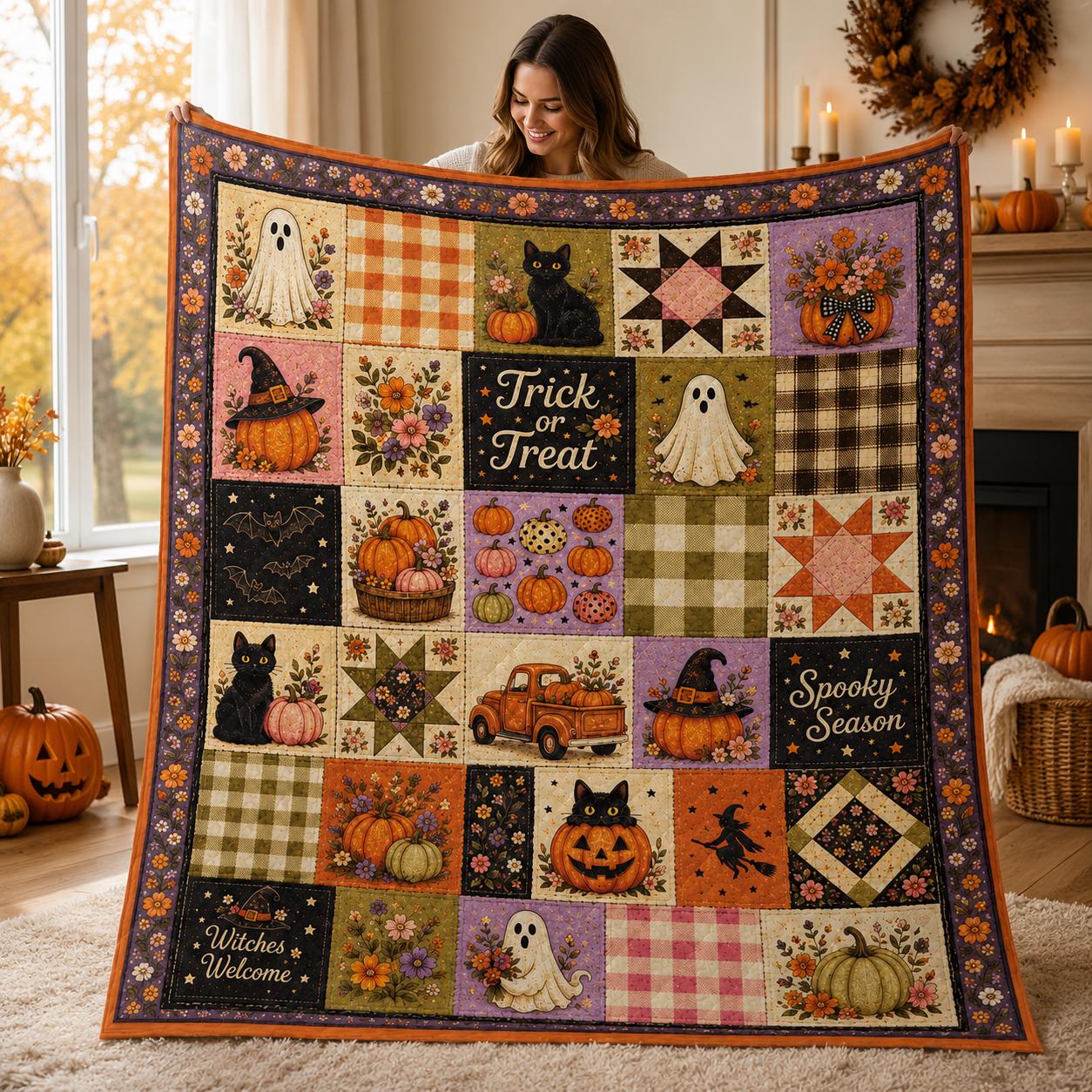 Halloween Quilted Blanket, Vintage Printed Patchwork Ghost Black Cat Pumpkin Quilt, Farmhouse Spooky Season, Cozy Fall Home Decor