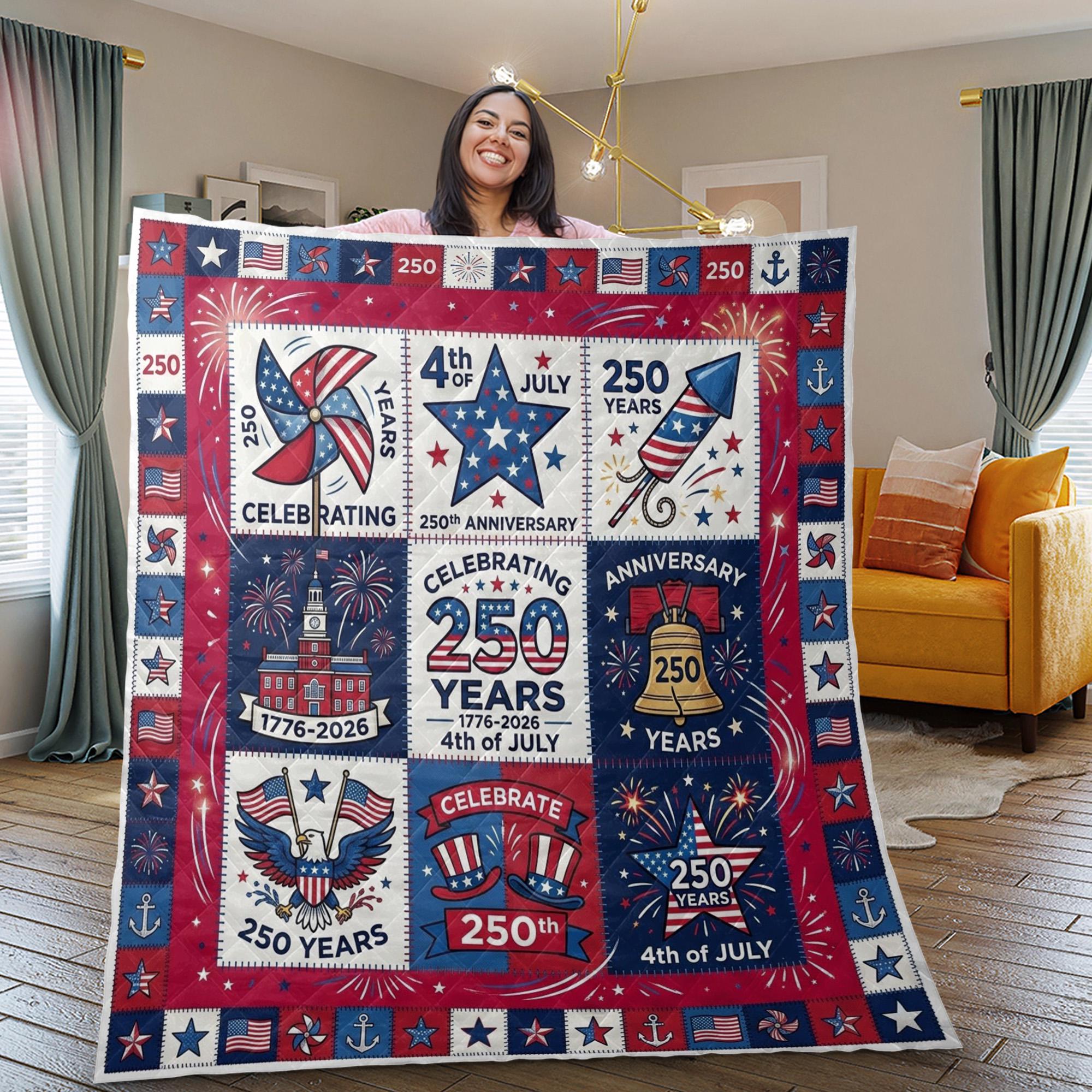 Fabric Quilt Blanket: USA 250th Anniversary, 4th Of July Patriotic Icons
