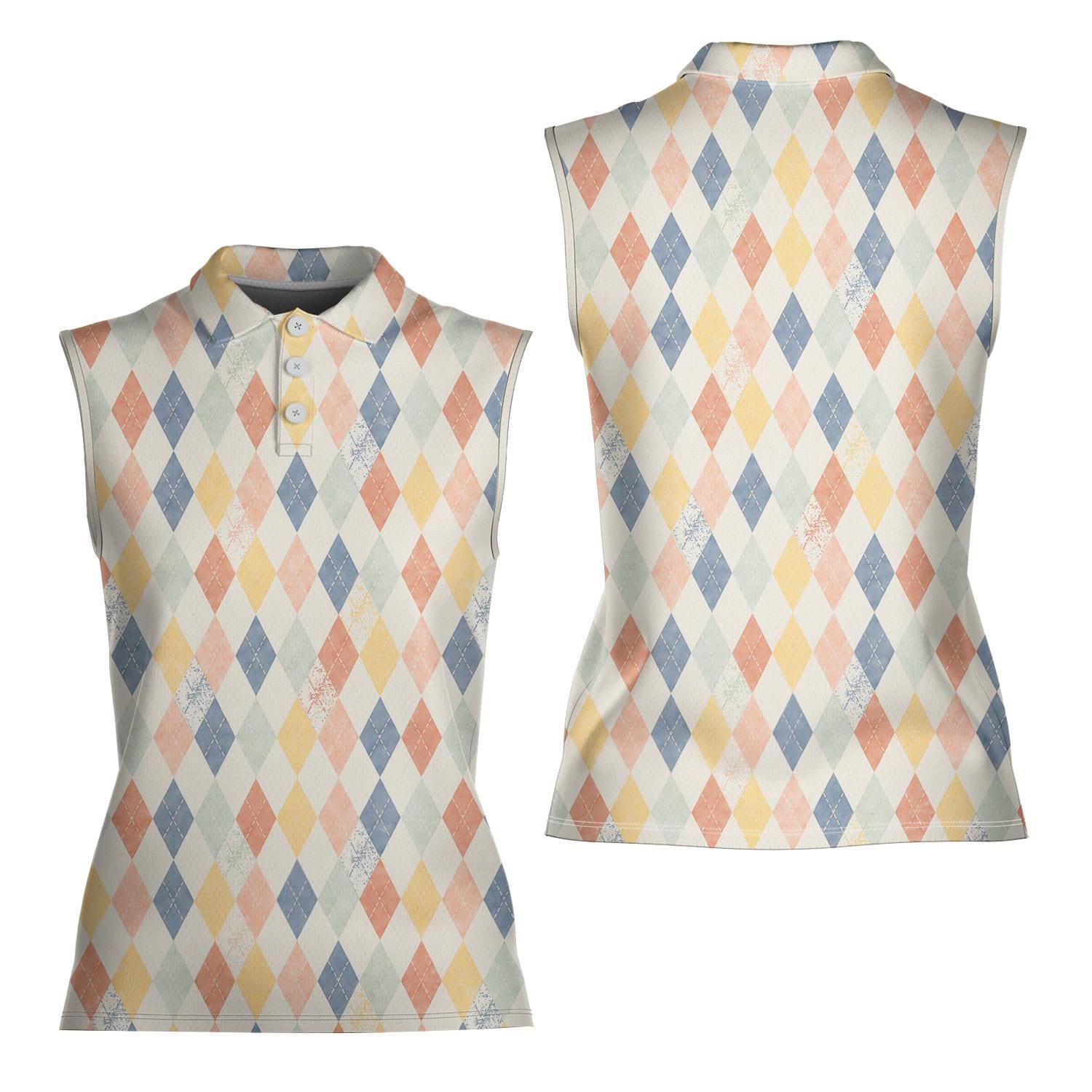 Women's Sleeveless Retro Argyle Tennis All Over Print Polo Shirt, Vintage Geometric Diamond Pattern Sleeveless Polo