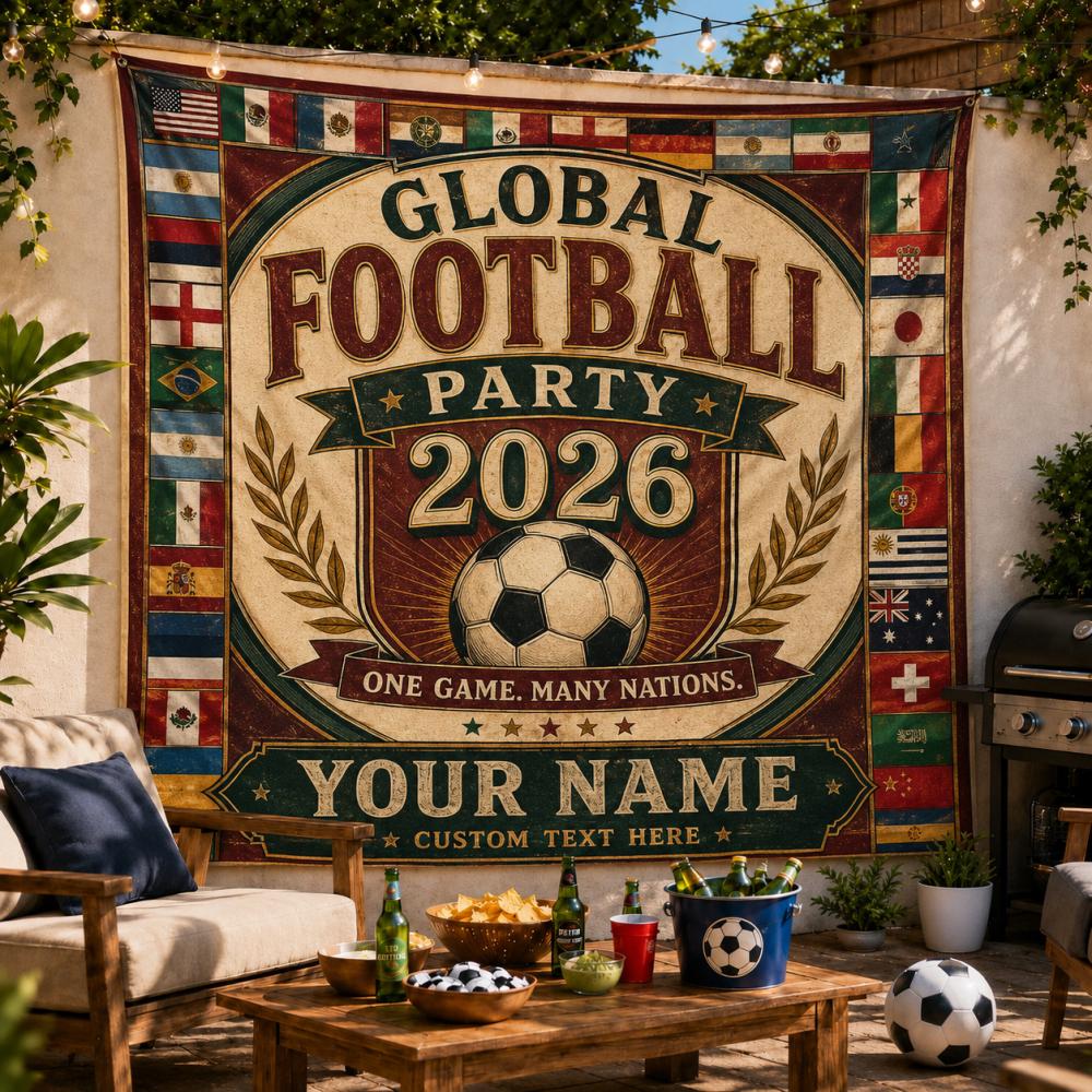 Tapestry Global Footbal Party 2026, Personalize banner football lover custom, Personalized 2026 Global Soccer Backdrop Custom Name Sports