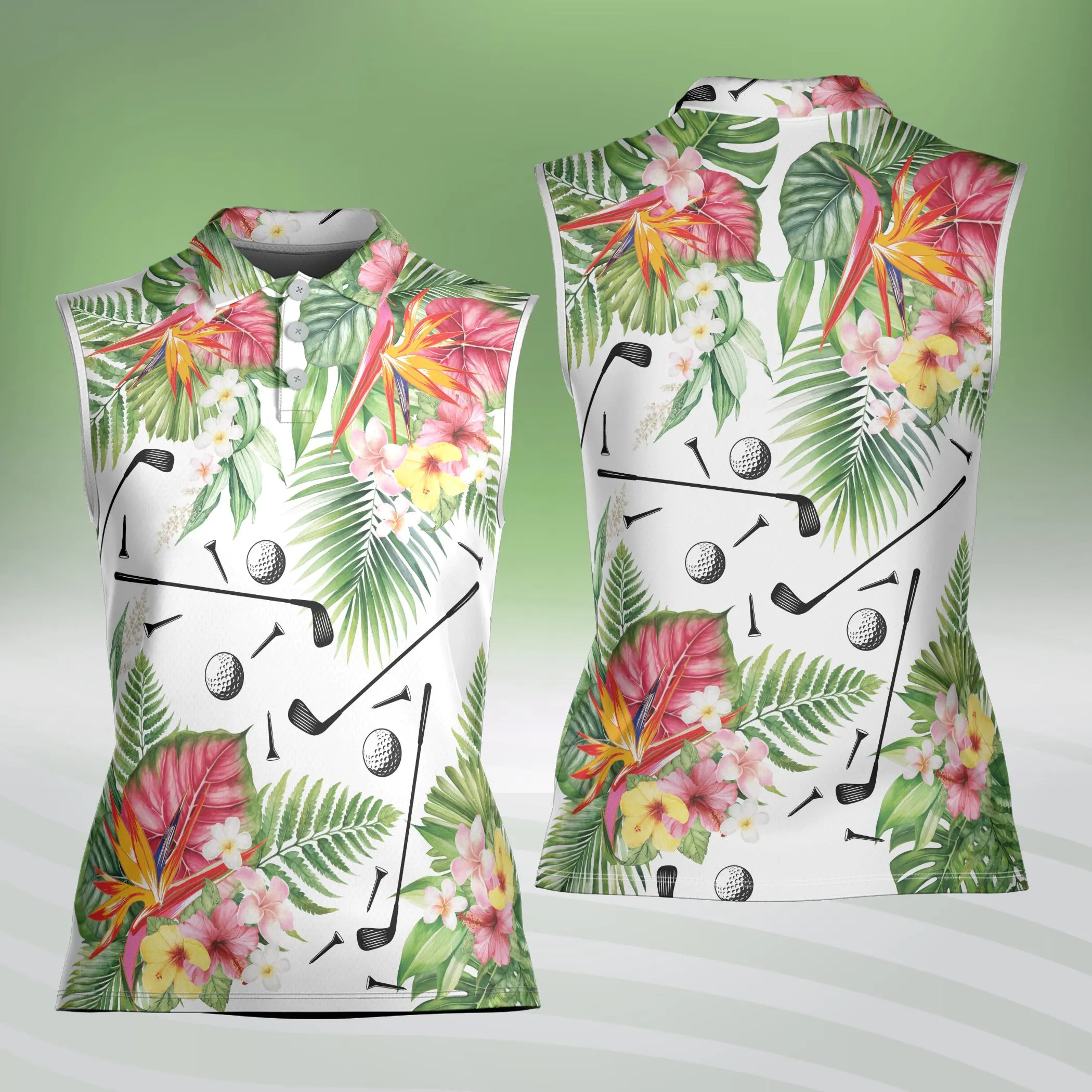 Women’s Sleeveless Tropical Hawaiian Golf Polo Shirt for Summer, Team Uniform, Gift for Golfers