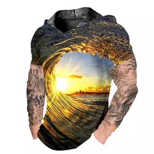 Men Hooded T Shirt Hoodie Pullover Yellow Big Wave Short Sleeve Soft LightWeight