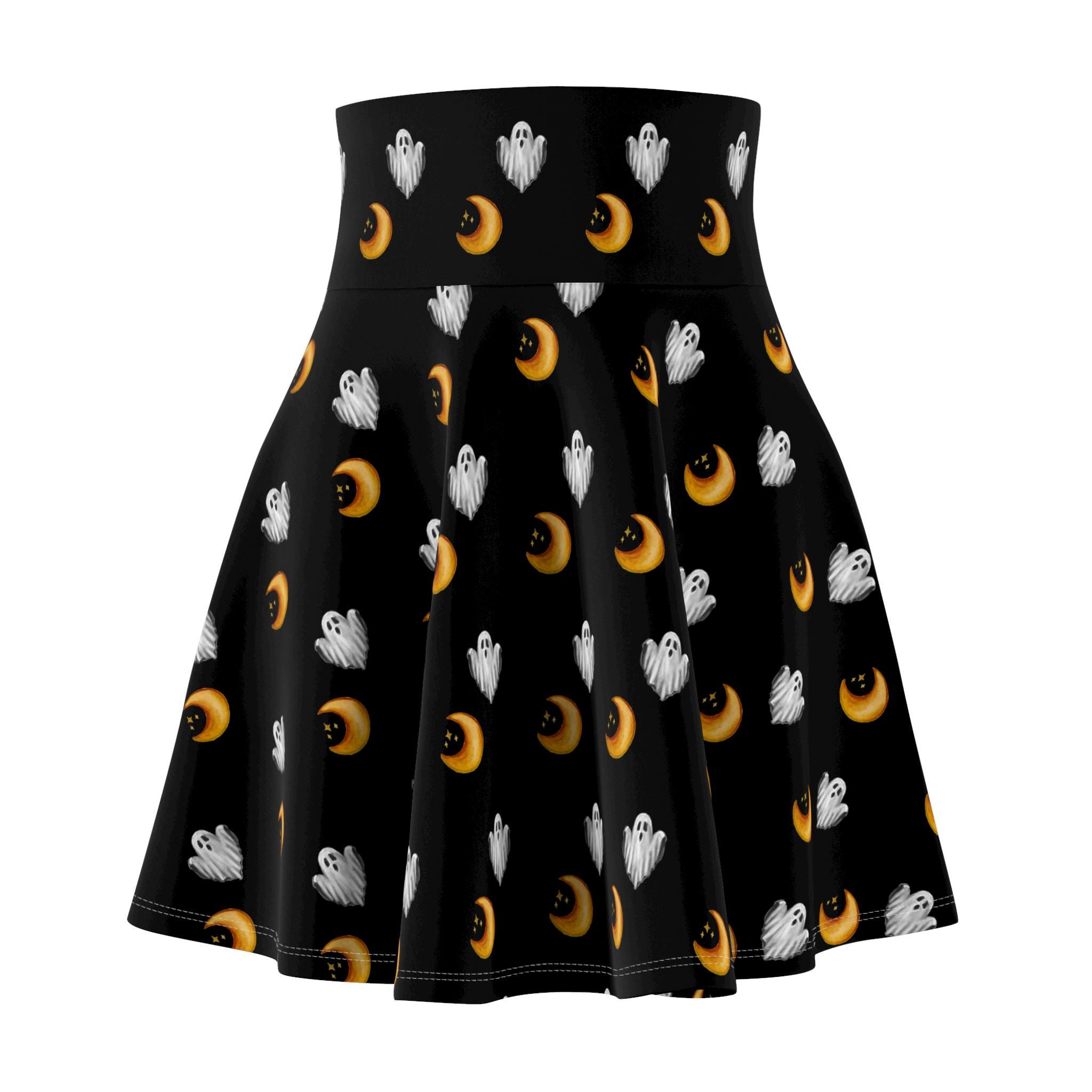 Black Halloween Women's Skater Skirt with Ghosts and Moons Pattern, Halloween Costume, Gothic Clothing, Spooky Skater Skirt, Witchy Apparel