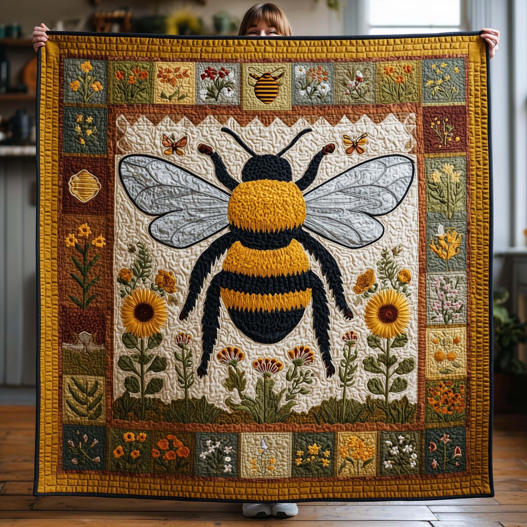 Vintage Bee Quilt Blanket with Patchwork and Floral Design for Cottage Farmhouse Decor