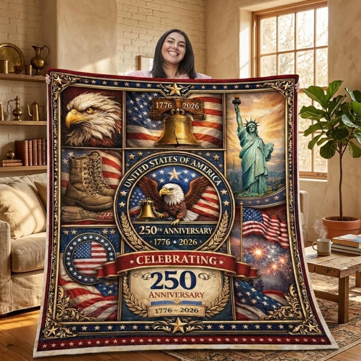 Patriotic USA Quilt Blanket 250th Anniversary 1776 2026, American Eagle Flag Throw Gift For Veterans And Family Decor