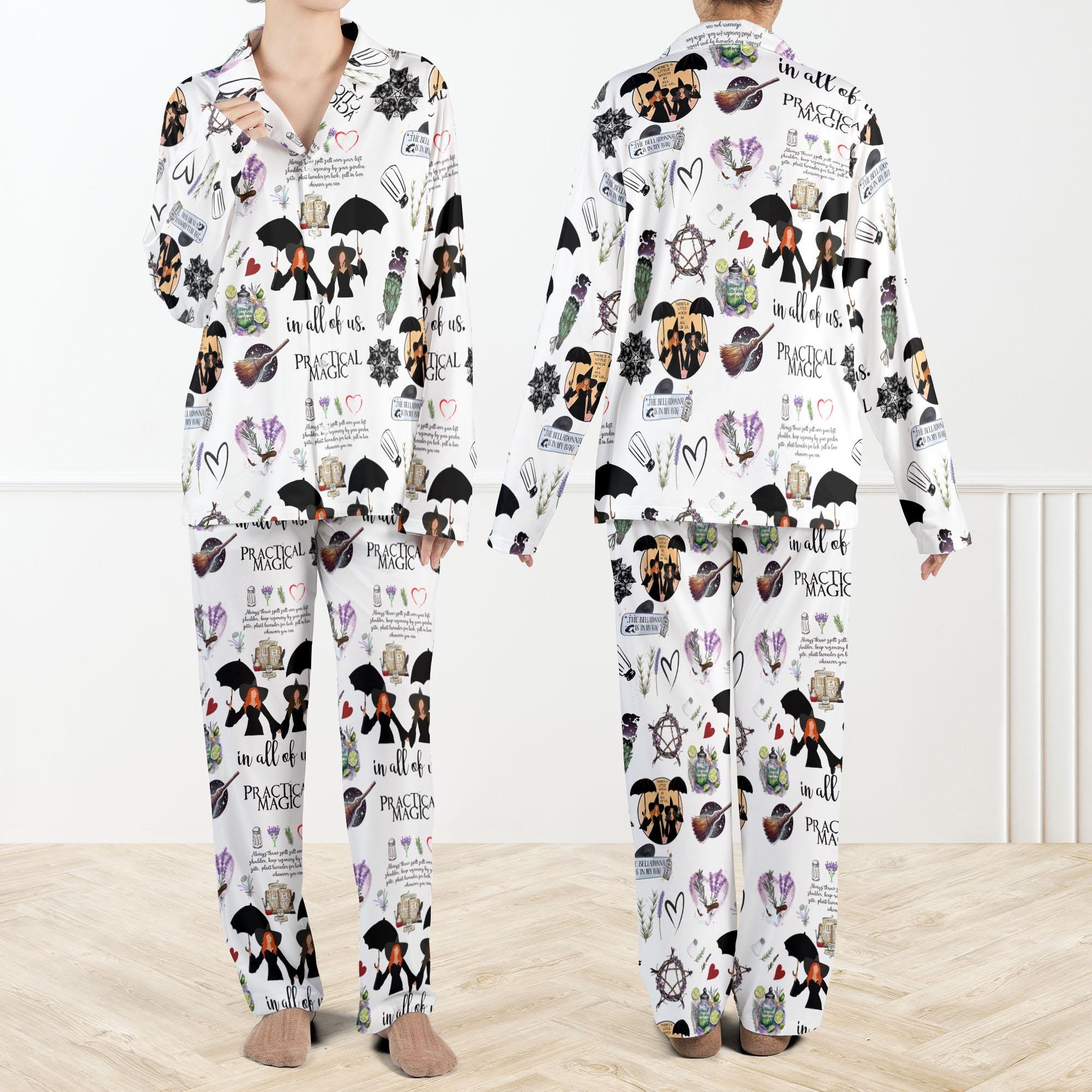 Practical Magic Witches Silky Satin Pajama Set For Women, Practical Magic Vintage Pajamas, Halloween Horror Gift, Spooky Movie Pajamas