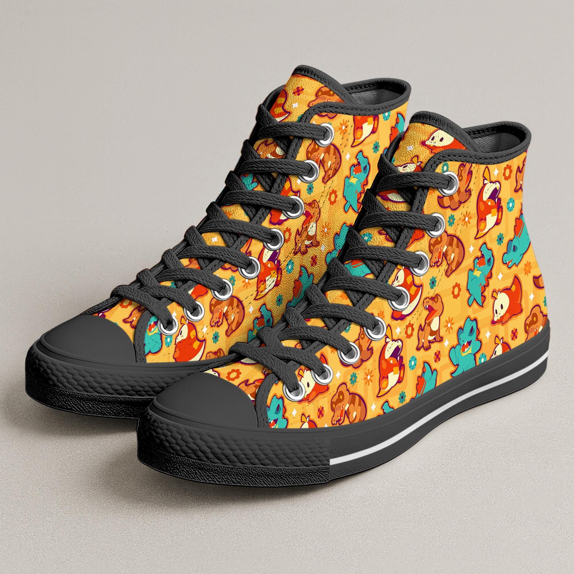 Totodile Fuecoco High Top Shoes, Cute Orange Kawaii Sneakers, Fire Splash Printed Shoes Totodile Gift