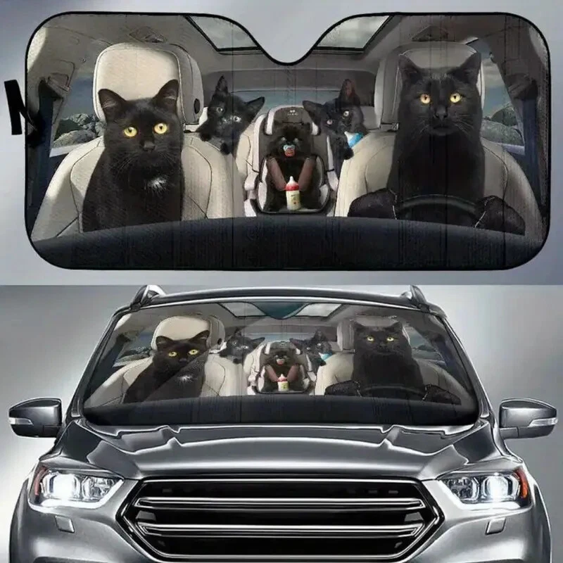 Black Cat Family Funny Car Sun Shade, Movie Auto Sunshade