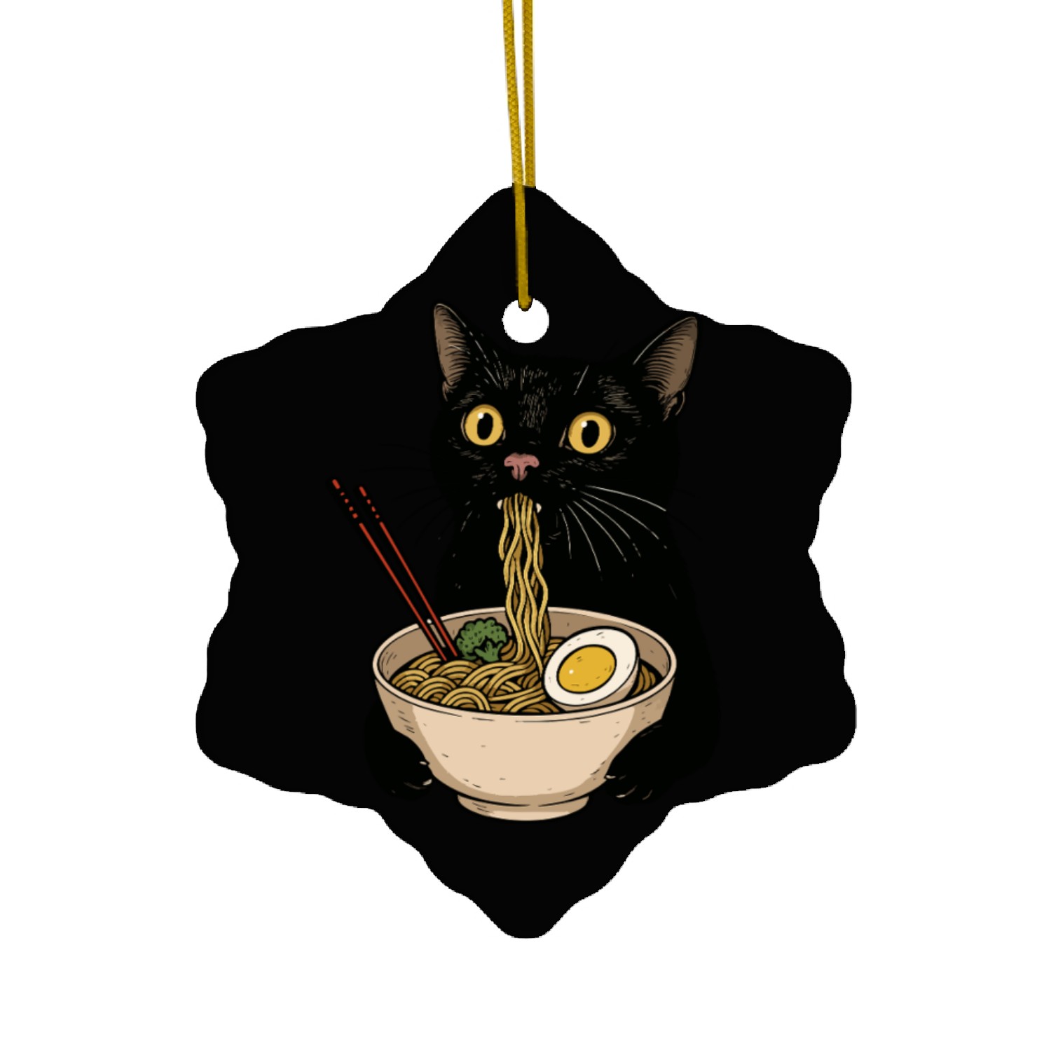 Black Cat Eating Ramen Noodles, Cute Japanese Food Ceramic Ornaments