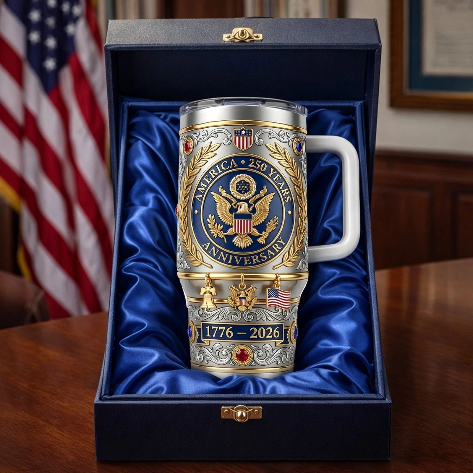 40 oz Custom Name USA 250th Anniversary Tumbler with Handle, Patriotic Gift