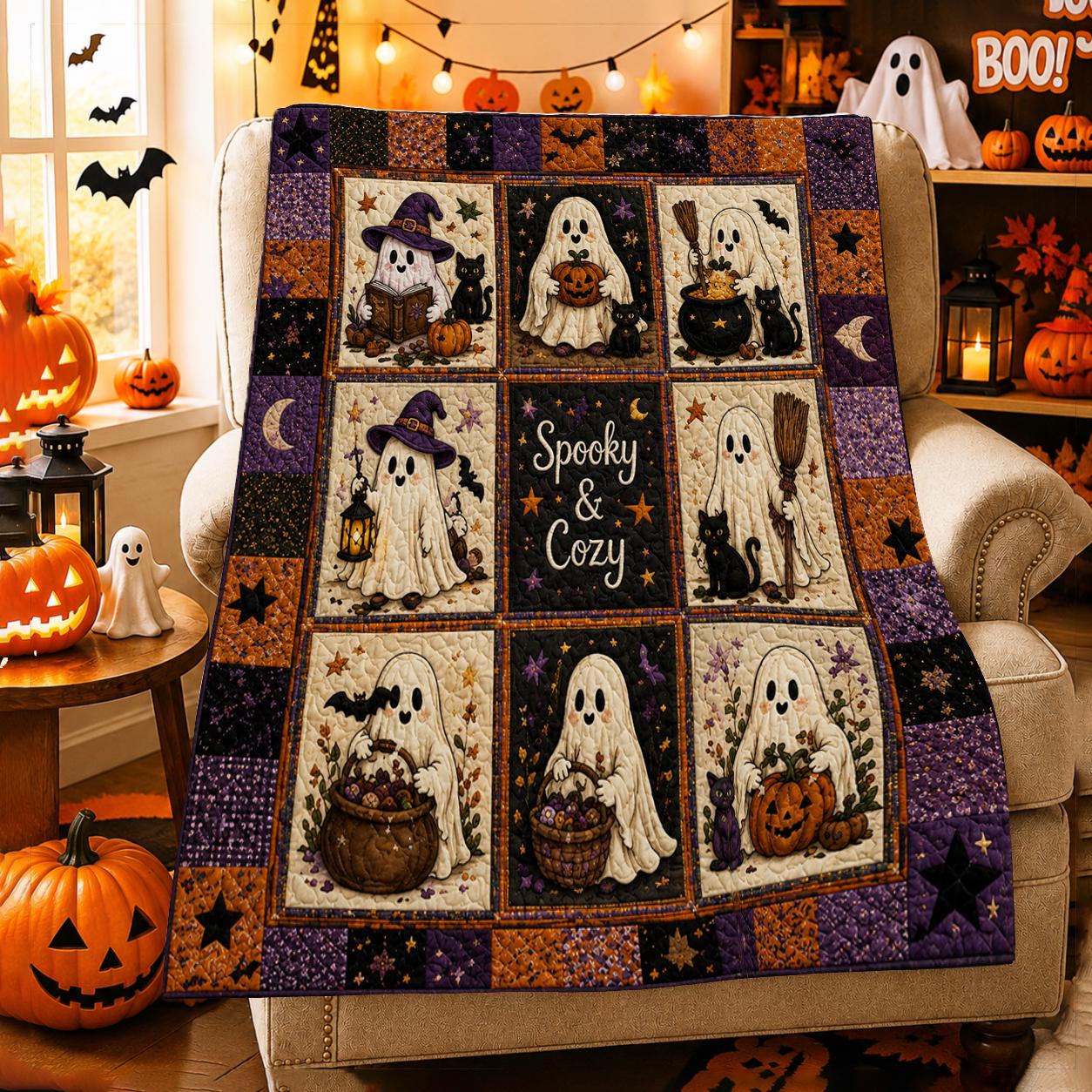Halloween Ghost Quilt, Spooky Cozy Blanket, Black Cat Pumpkin Fall Quilt