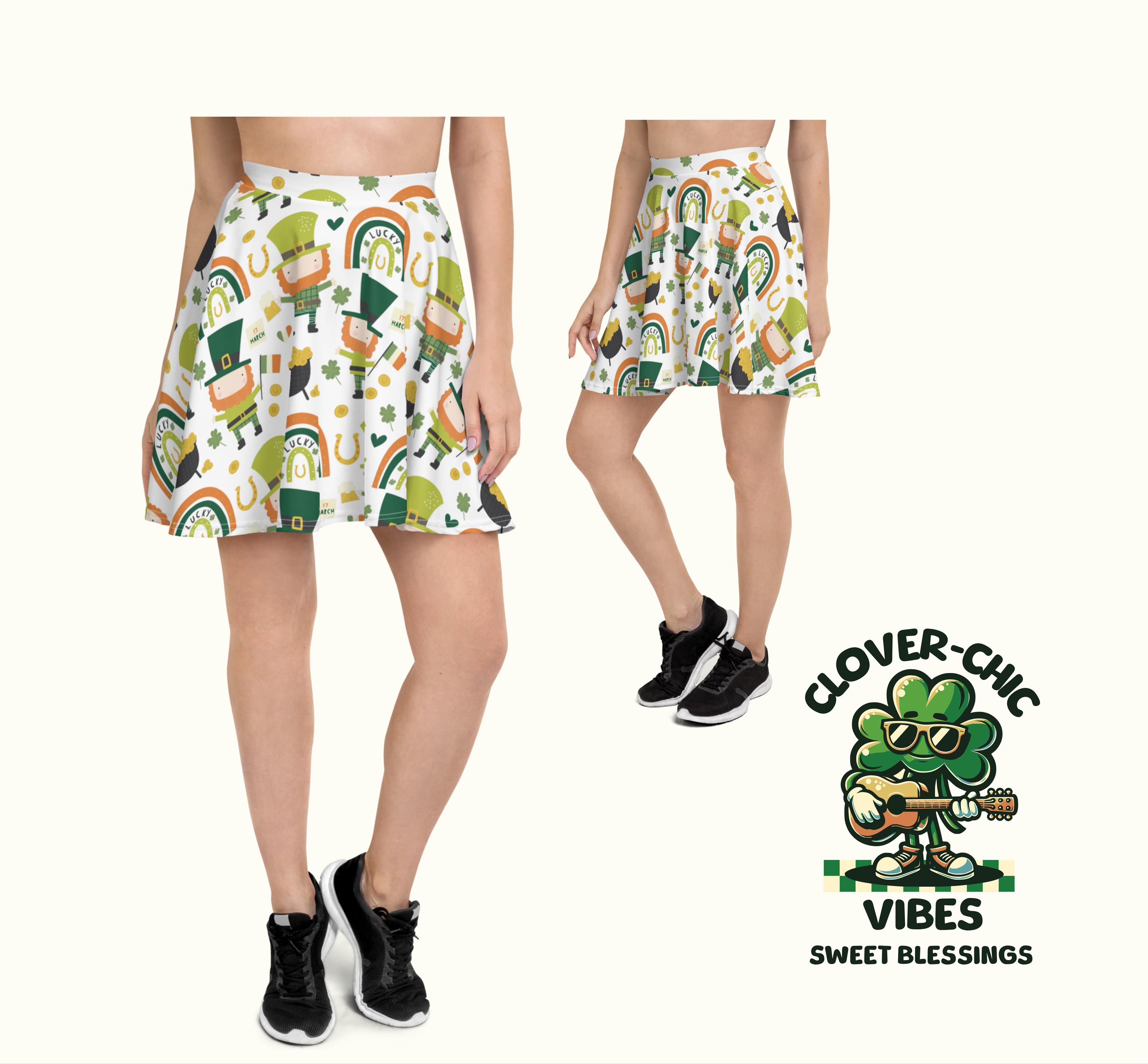 Leprechauns Shamrock St Patrick Parade Skater Skirt Ladies Women Teens Luck of the Irish School Teacher Skirt - Irish Restaurant Apparel