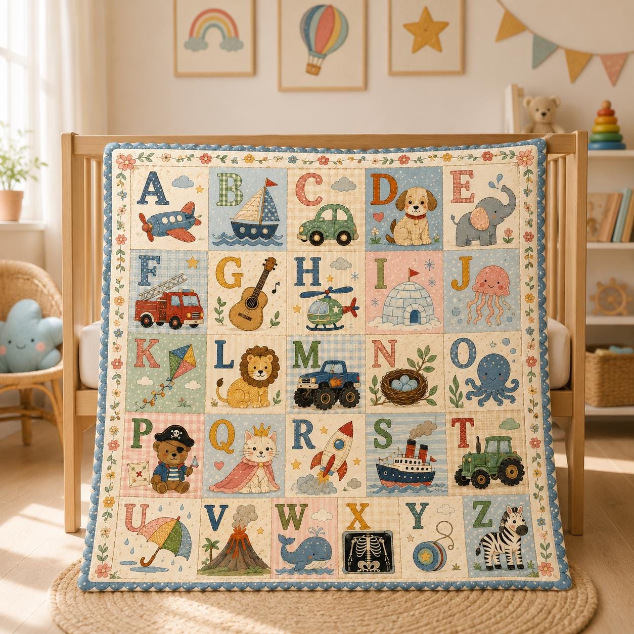 Alphabet Learning Quilt, ABC Baby Blanket, Toddler Nursery, Animal Quilt Gift