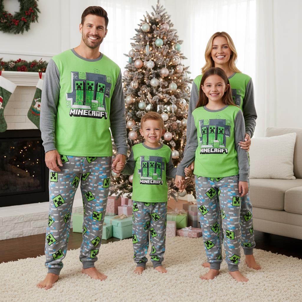 Minecraft Family Pajamas Set, Creeper Green Long Sleeve Sleepwear for Adults, Christmas Family Pajamas