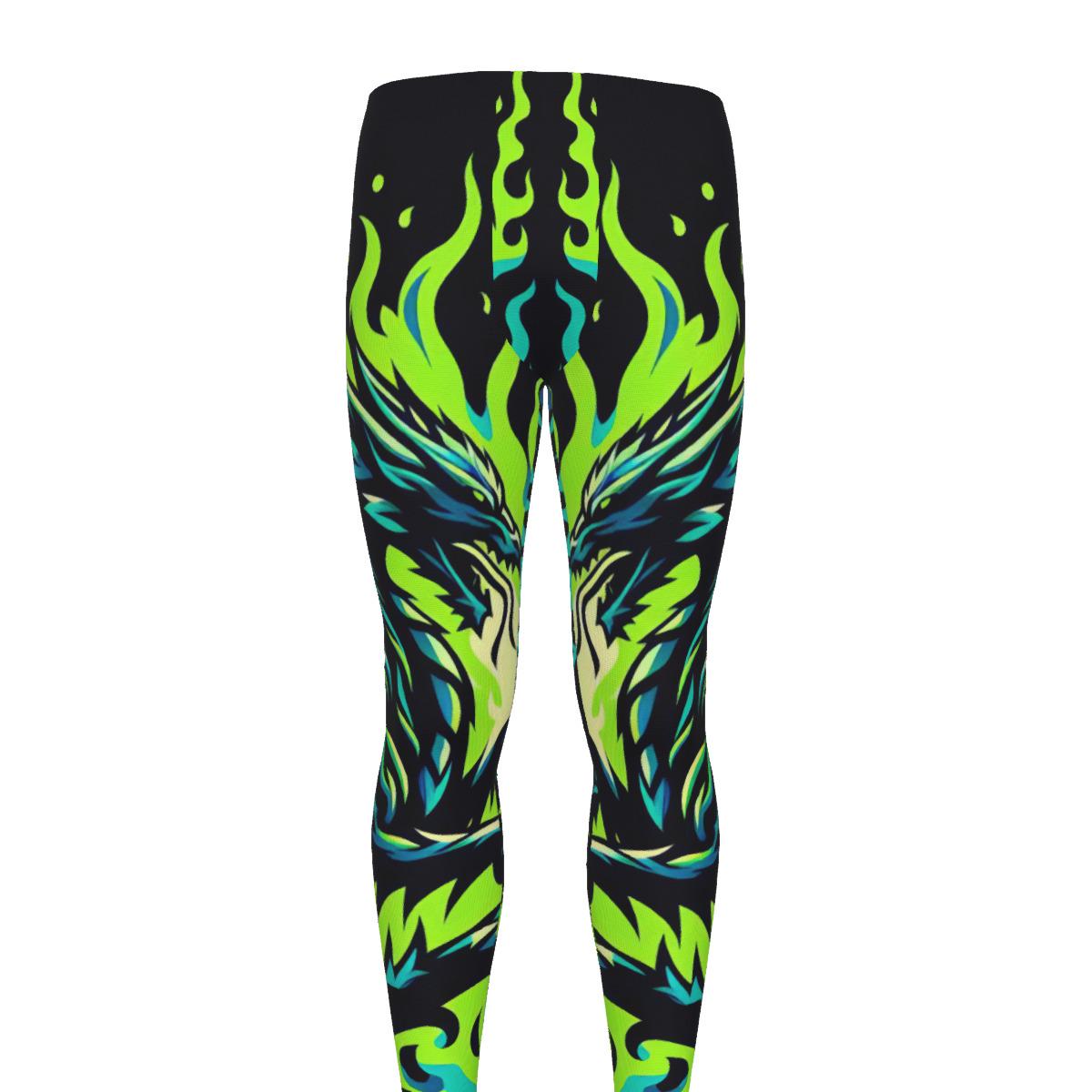 Neon Green Dragon Men's Athletic Leggings for Martial Arts Fitness Gym Running Training