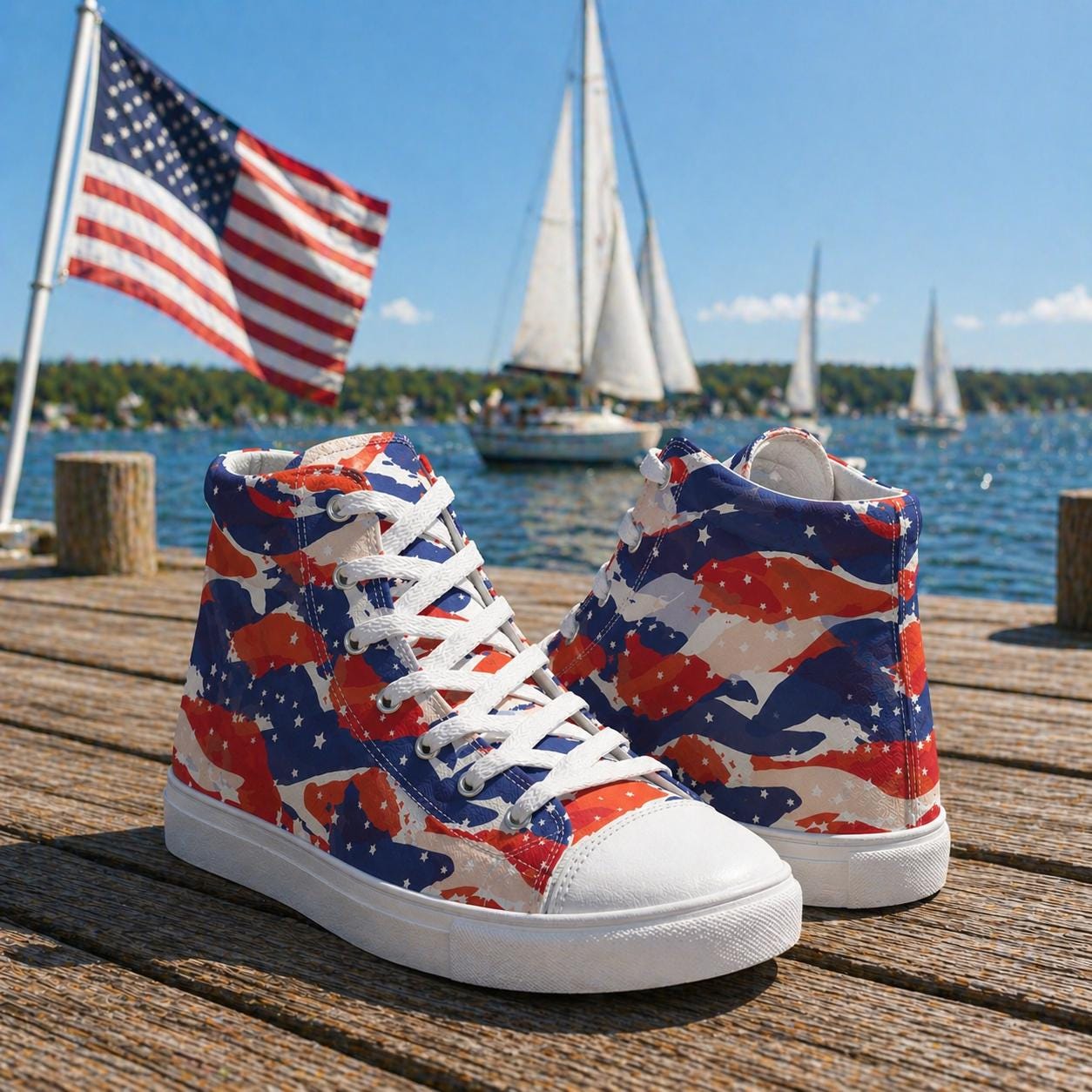Patriotic High Top Sneakers, Red White Blue American Flag Shoes for 4th of July Parade and Celebration
