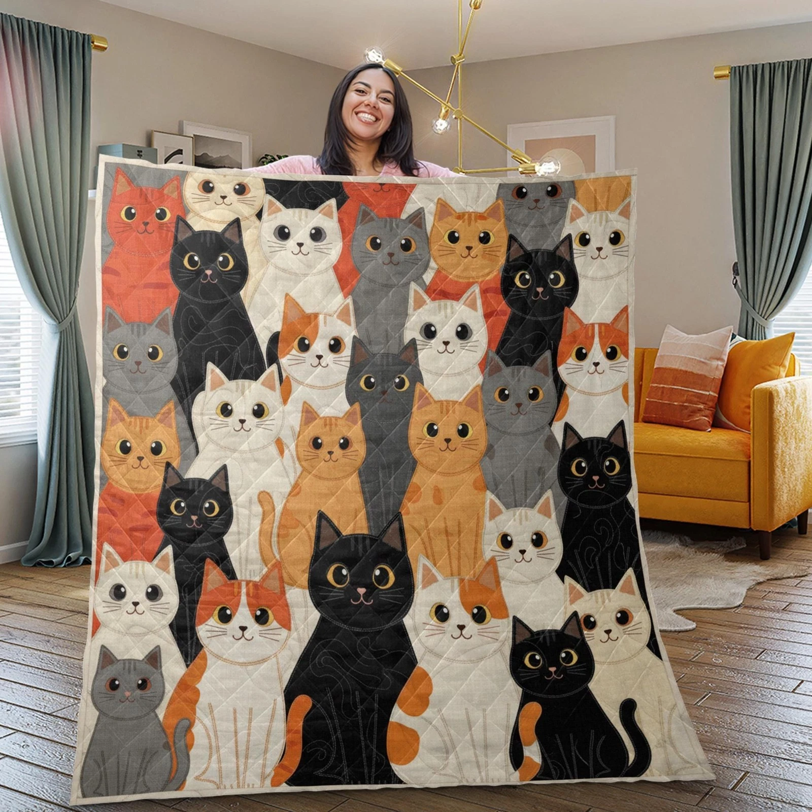 Colorful Cartoon Cats Quilt Blanket with Cute Kitten Pattern for Kids Room and Pet Lovers