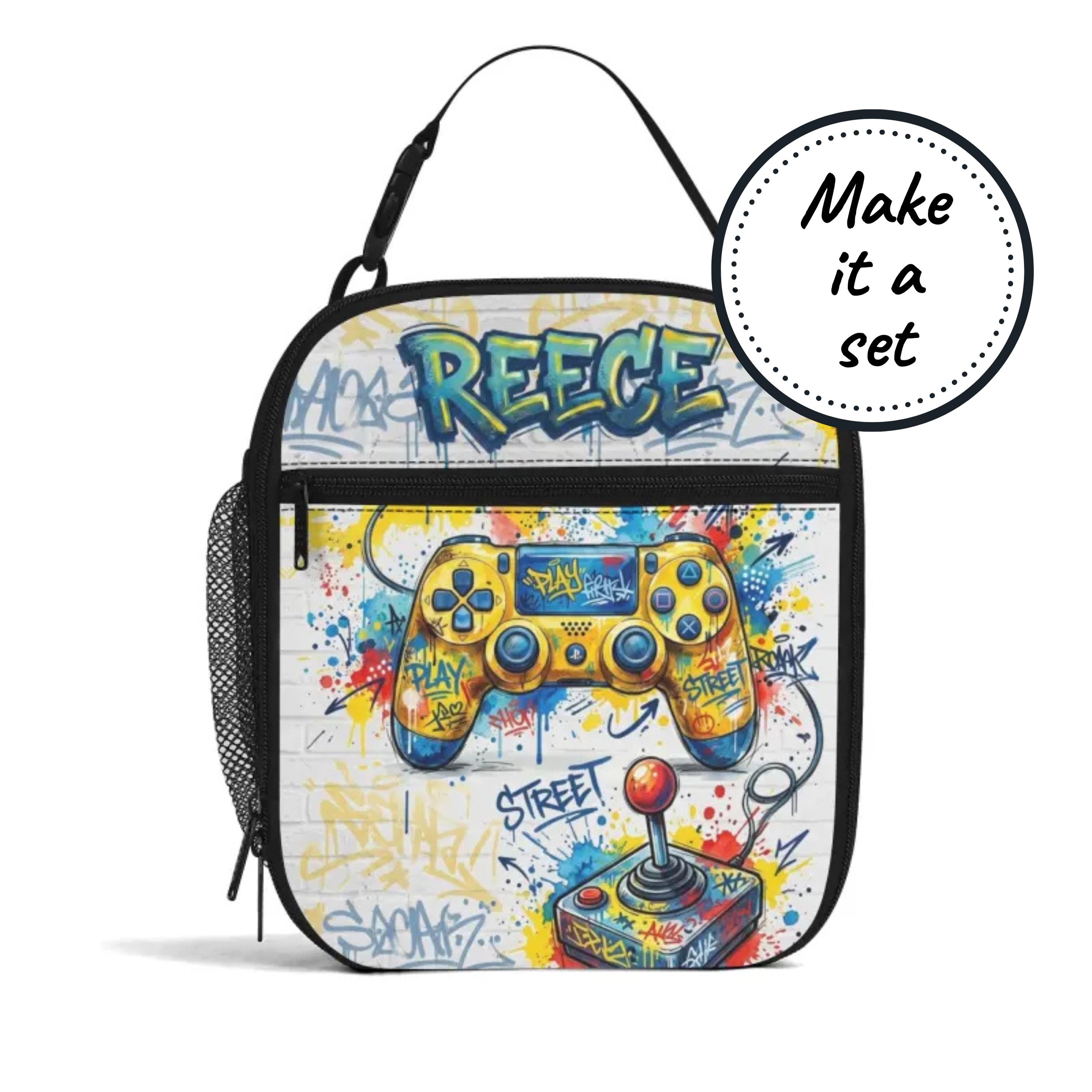 Custom Name Insulated Lunch Bag for Kids with Video Gamer Design, Personalized Food Cooler Lunchbox