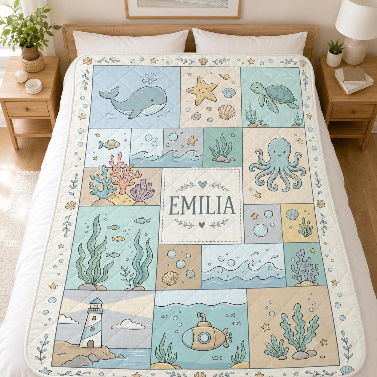 Personalized Ocean Quilt Blanket, Custom Sea Animal Baby Name Quilt, Coastal Nursery Quilt, Whale Turtle Octopus Kids Quilt