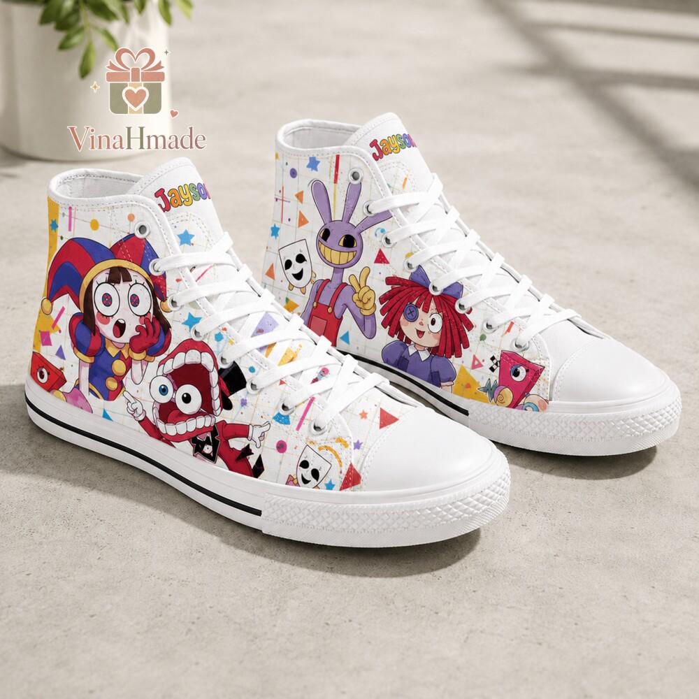 Custom The Amazing Digital Circus High Top Canvas Shoes, Circus Theme Kid Shoes, Cartoon-Inspired Sneakers