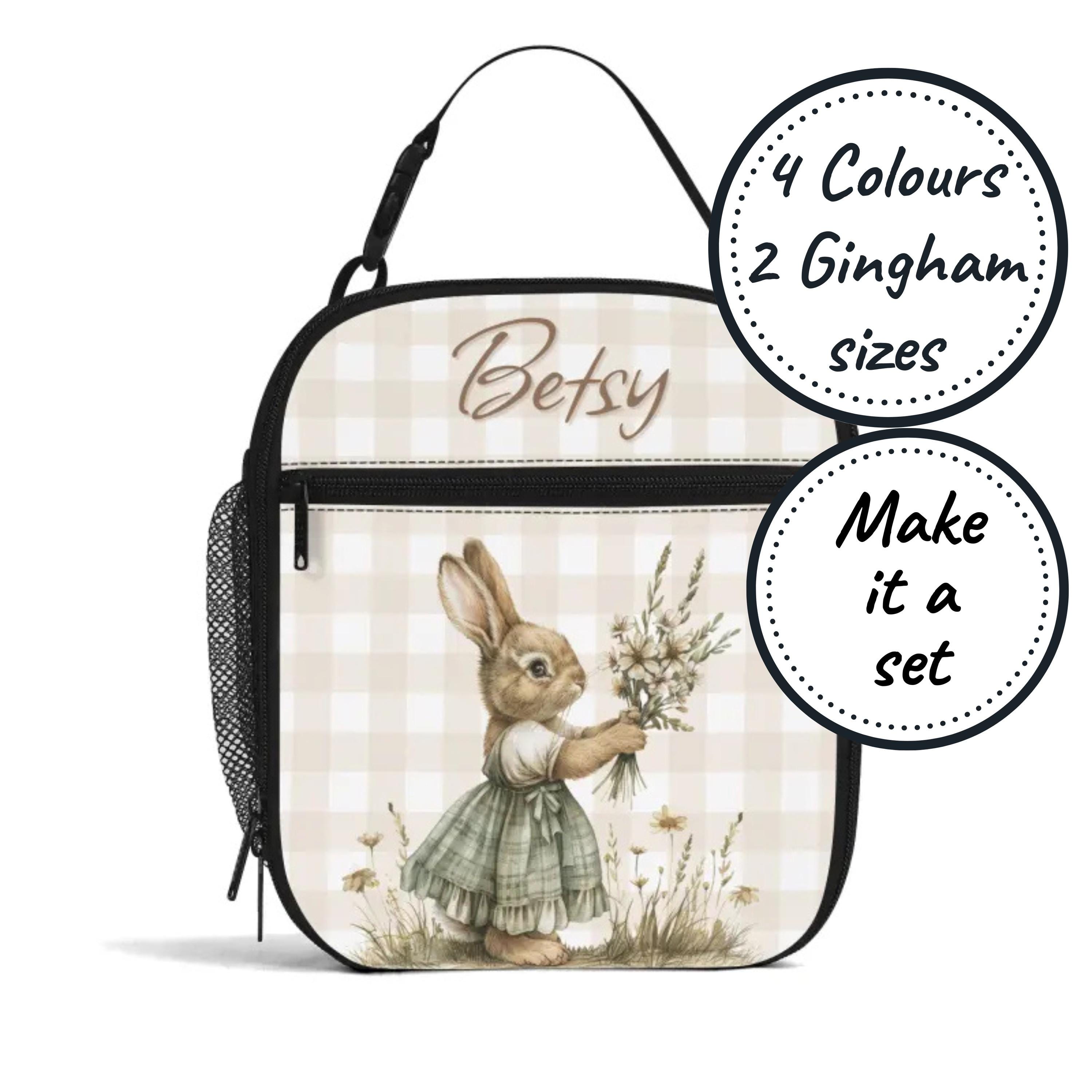 Custom Name Insulated Lunch Bag for Kids with Vintage Rabbits, Personalized Food Cooler Lunchbox