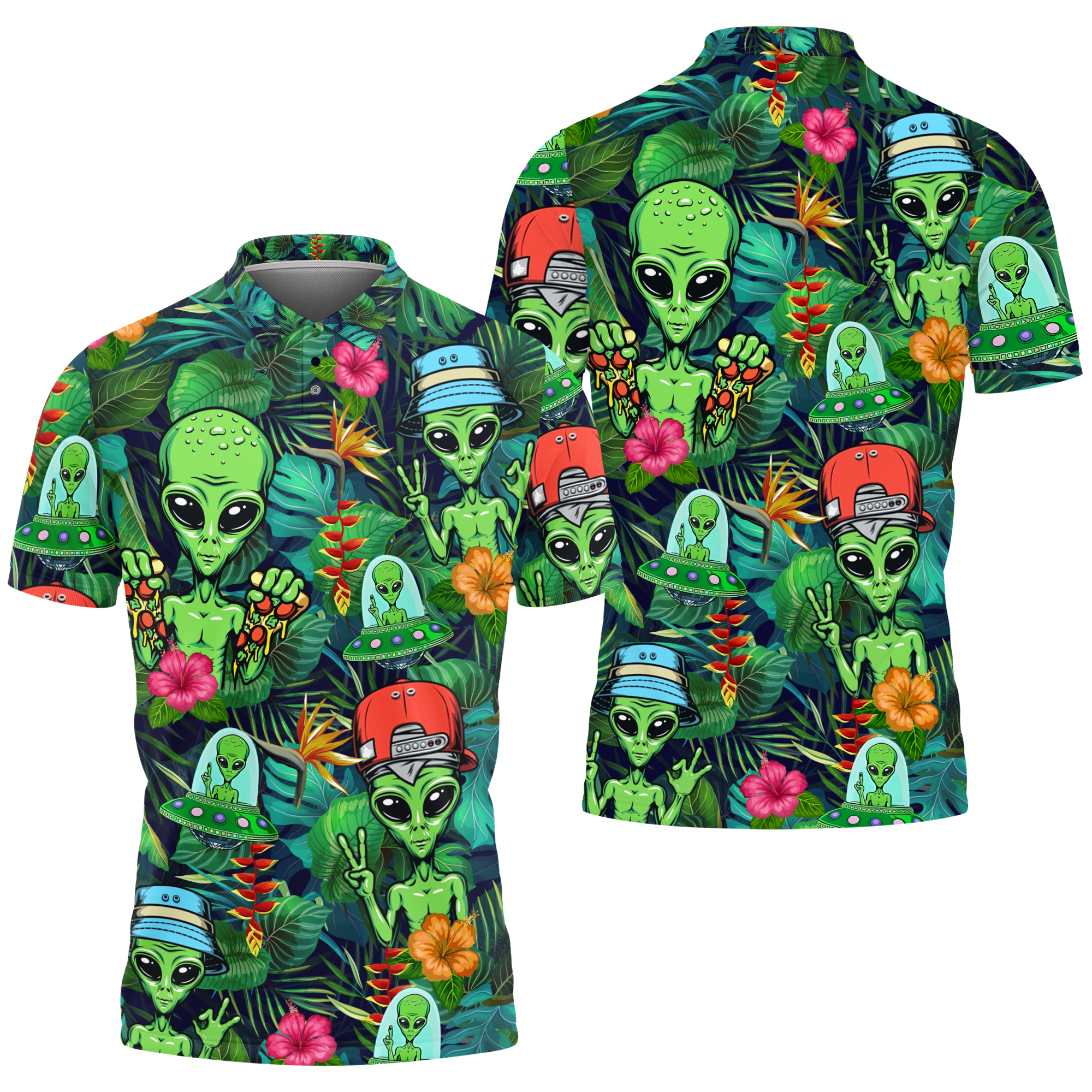 Alien Polo Shirts for Men Women, Alien Golf Player Tropical