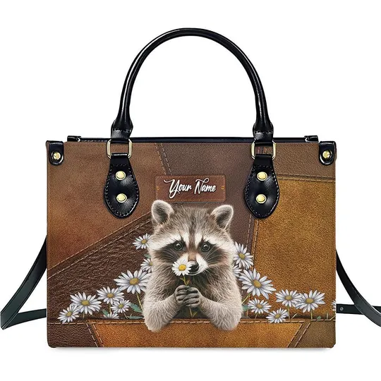 Personalized Leather Handbag For Women, Funny Raccoon With Daisy Flower Bag, Animal Tote Bag, Shoulder Bag Gift Raccoon Lovers