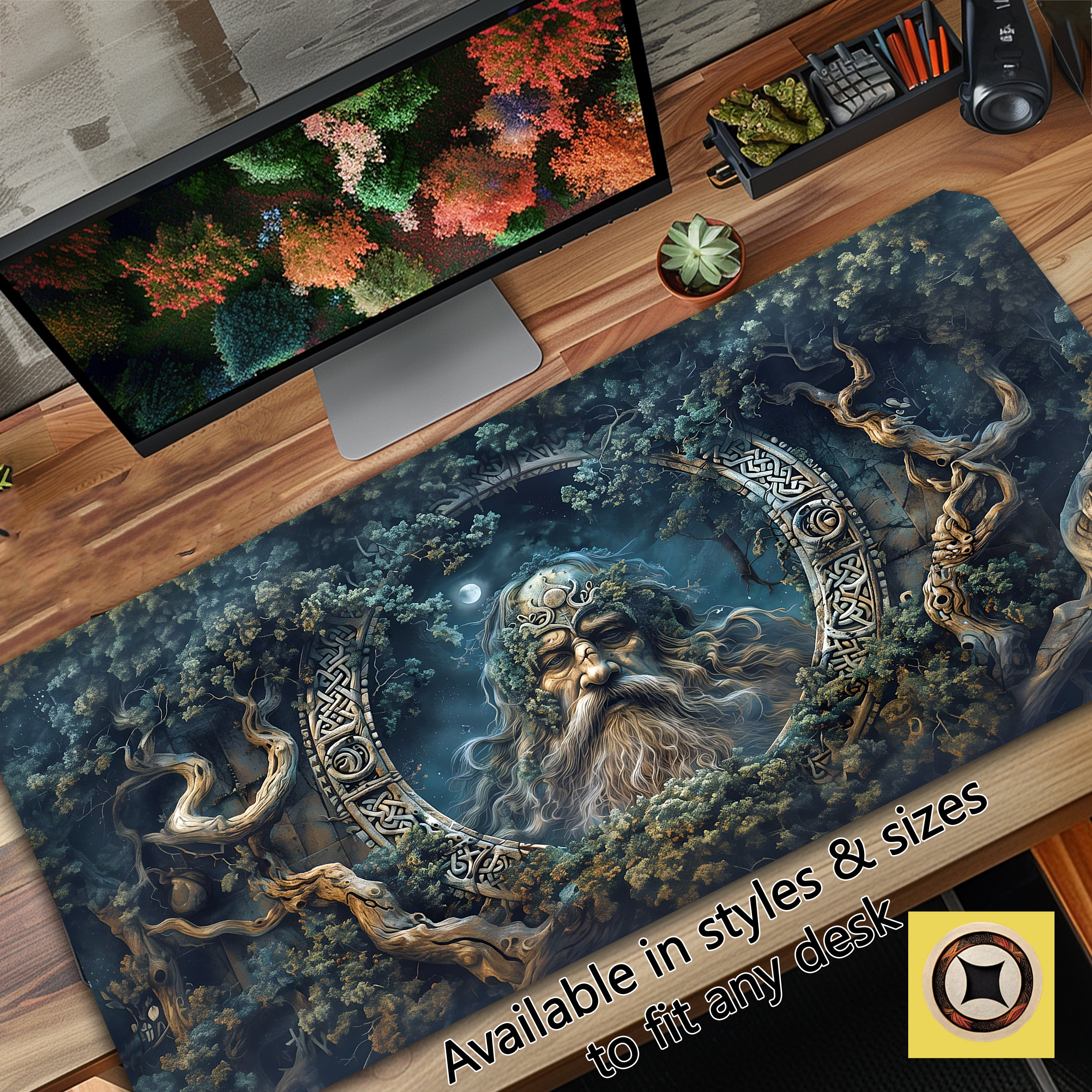 Ancient Viking Gaming Desk Mat Mousepad with Viking King in Rune Portal and Nature Surroundings