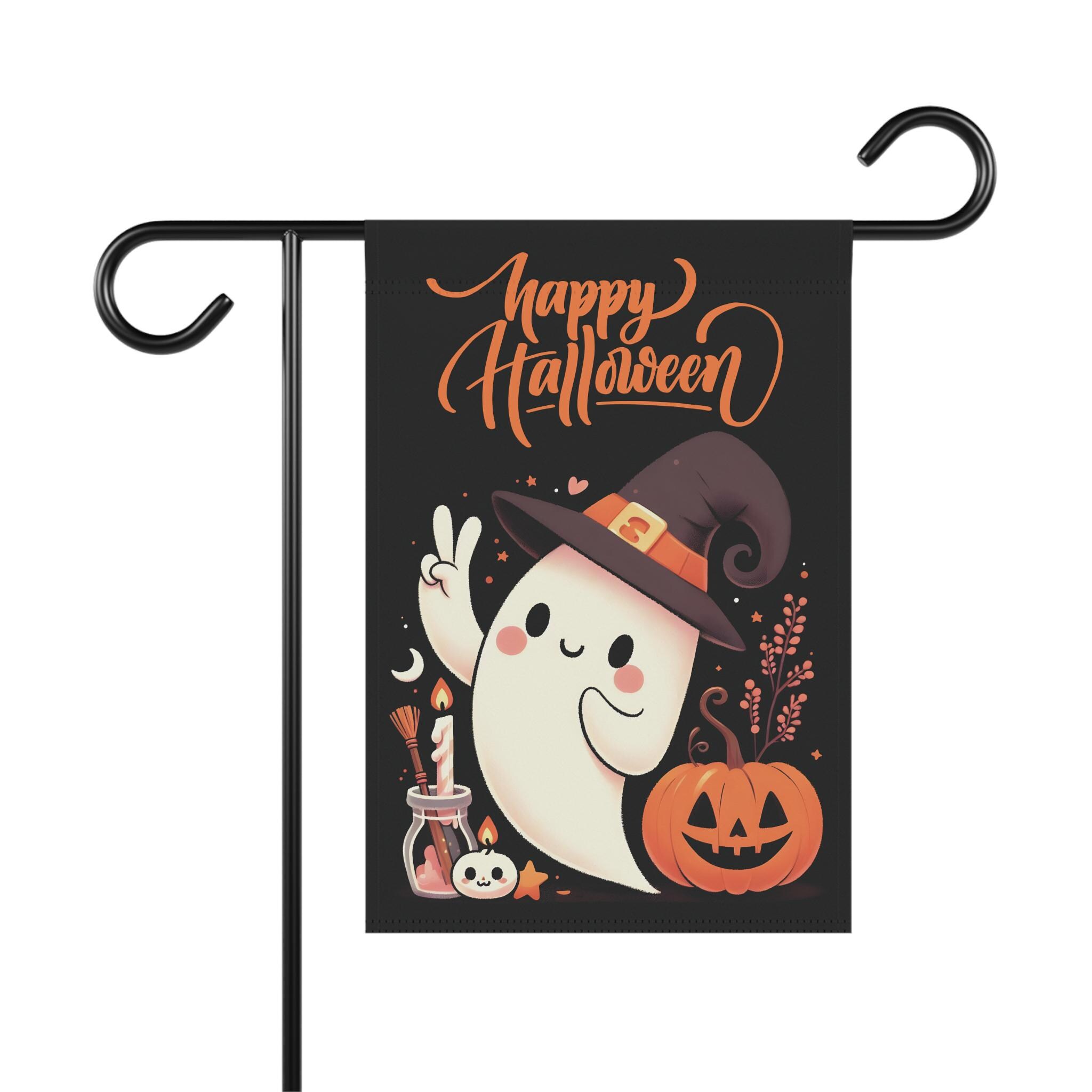 Halloween Garden Flag with Cartoon Ghost, Pumpkin Candles Garden